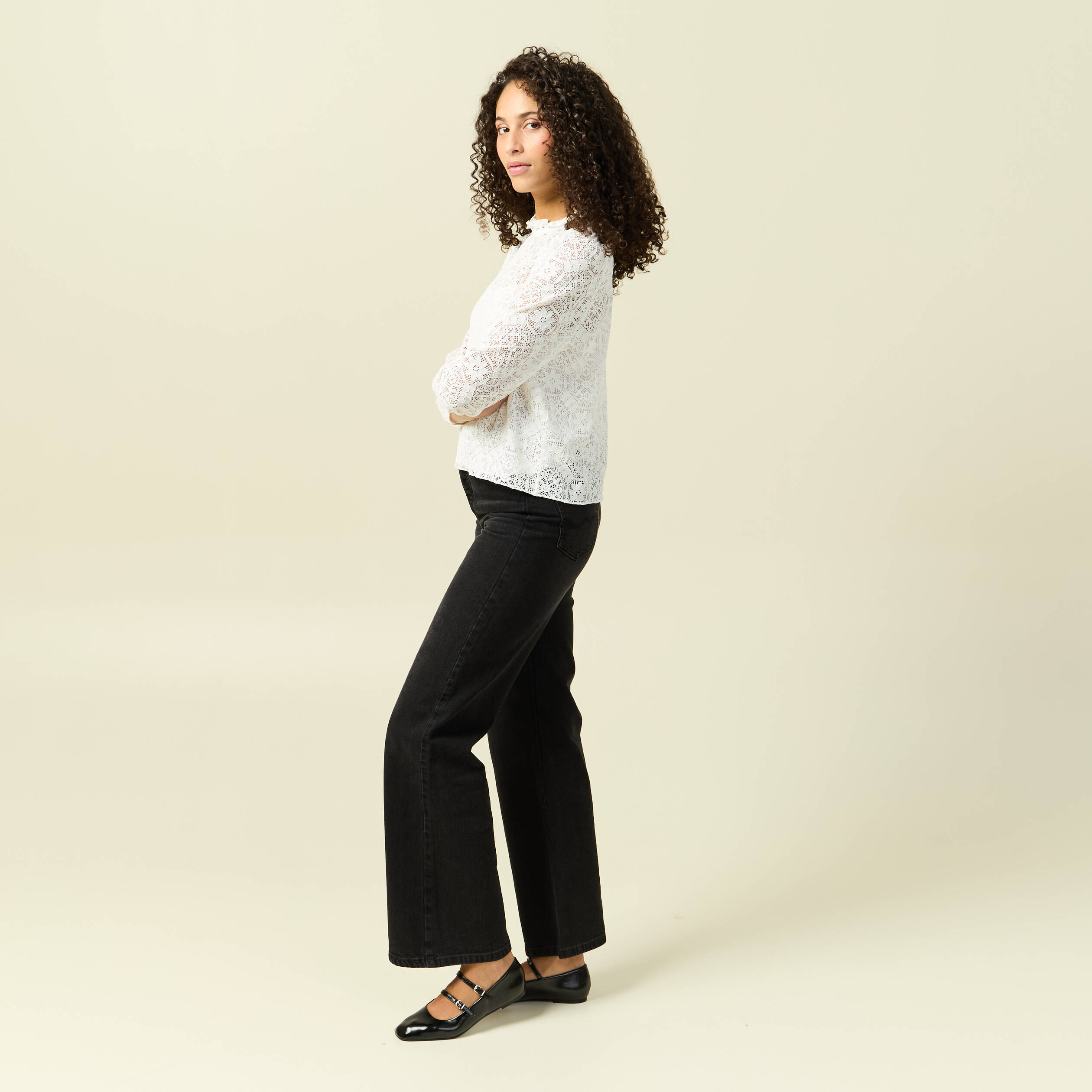 T-shirt droit court manches longues blanc femme