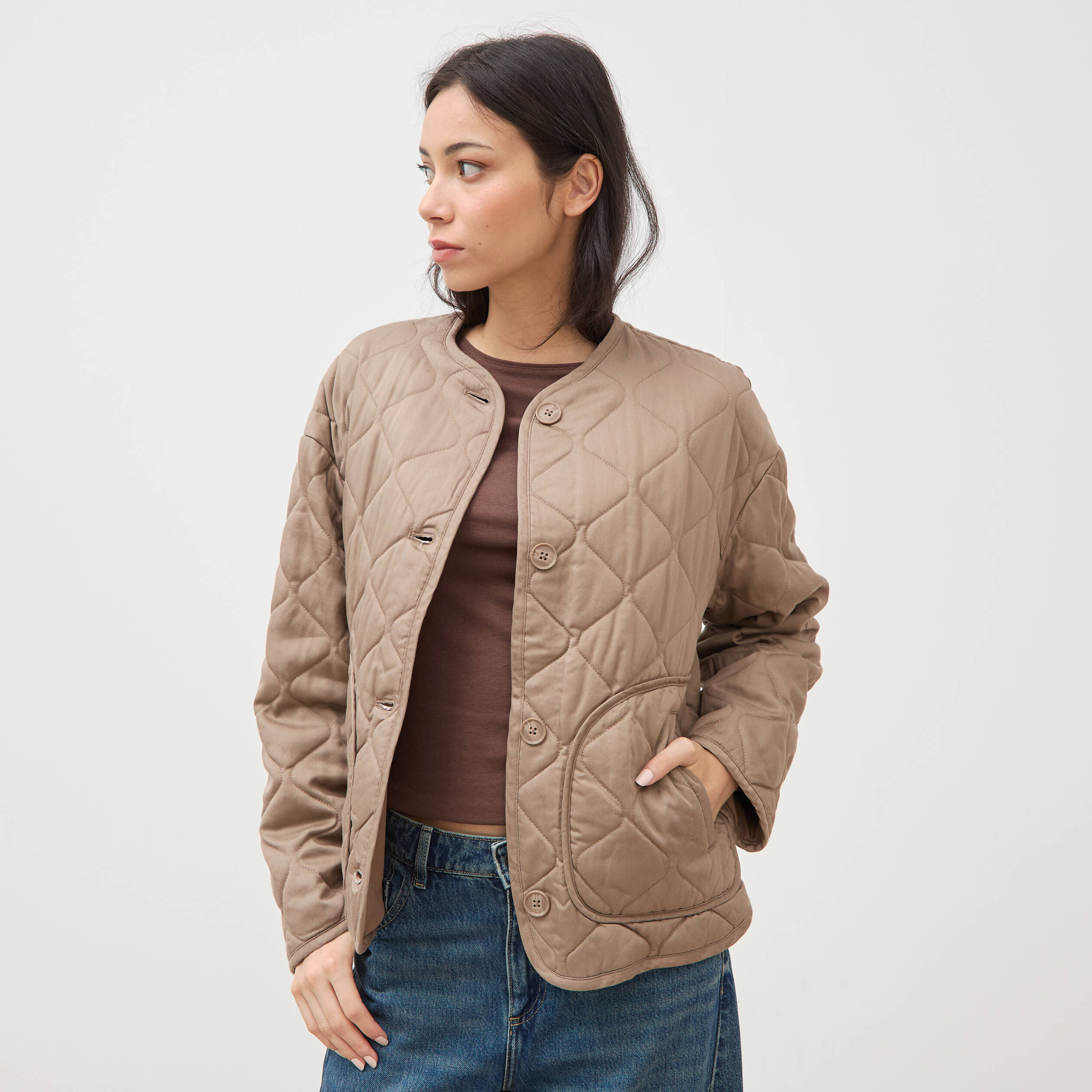 Veste oversize manches longues doubl&eacute;e taupe femme