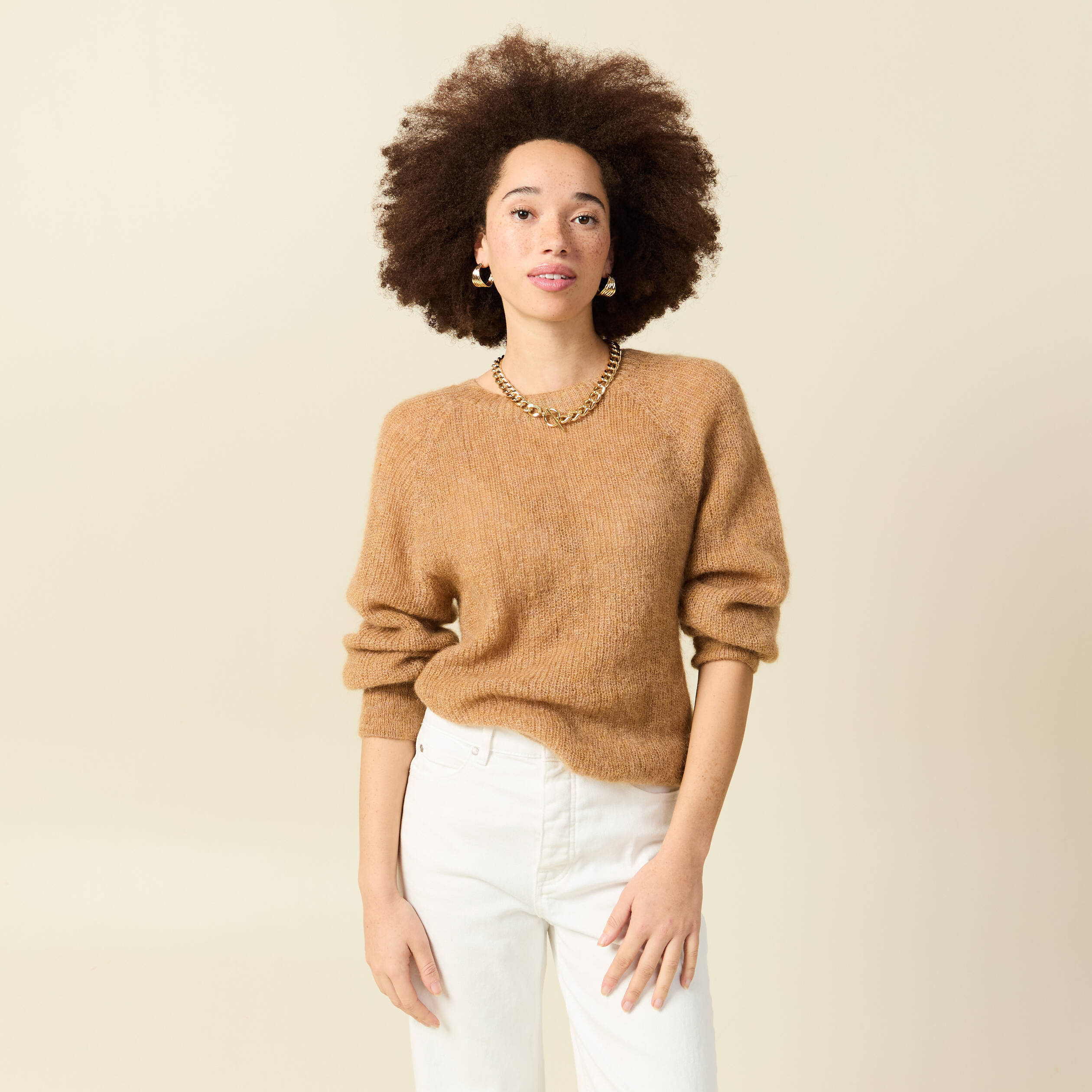 Pull manches longues col rond camel femme
