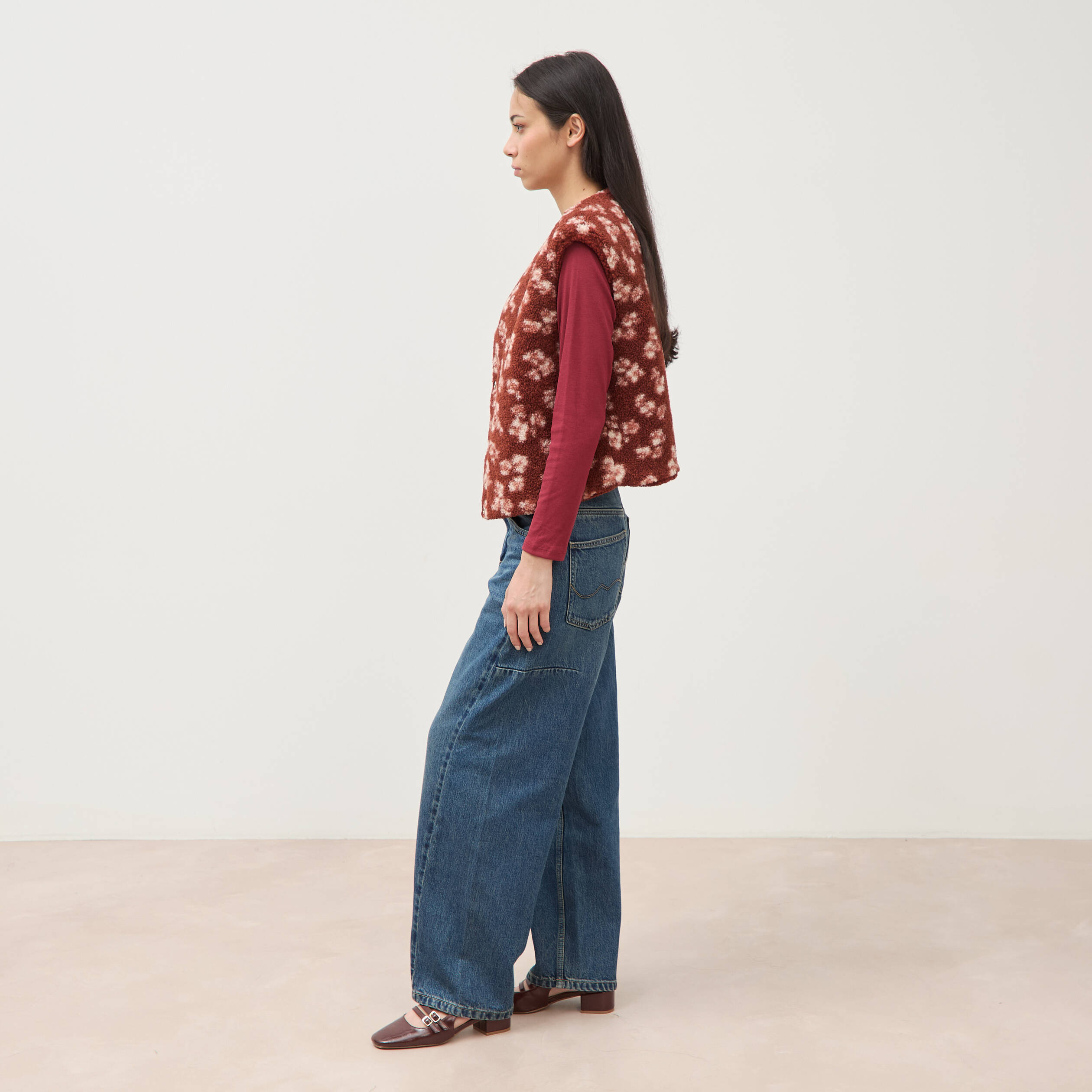Gilet sans manches r&eacute;versible rouge fonc&eacute; femme