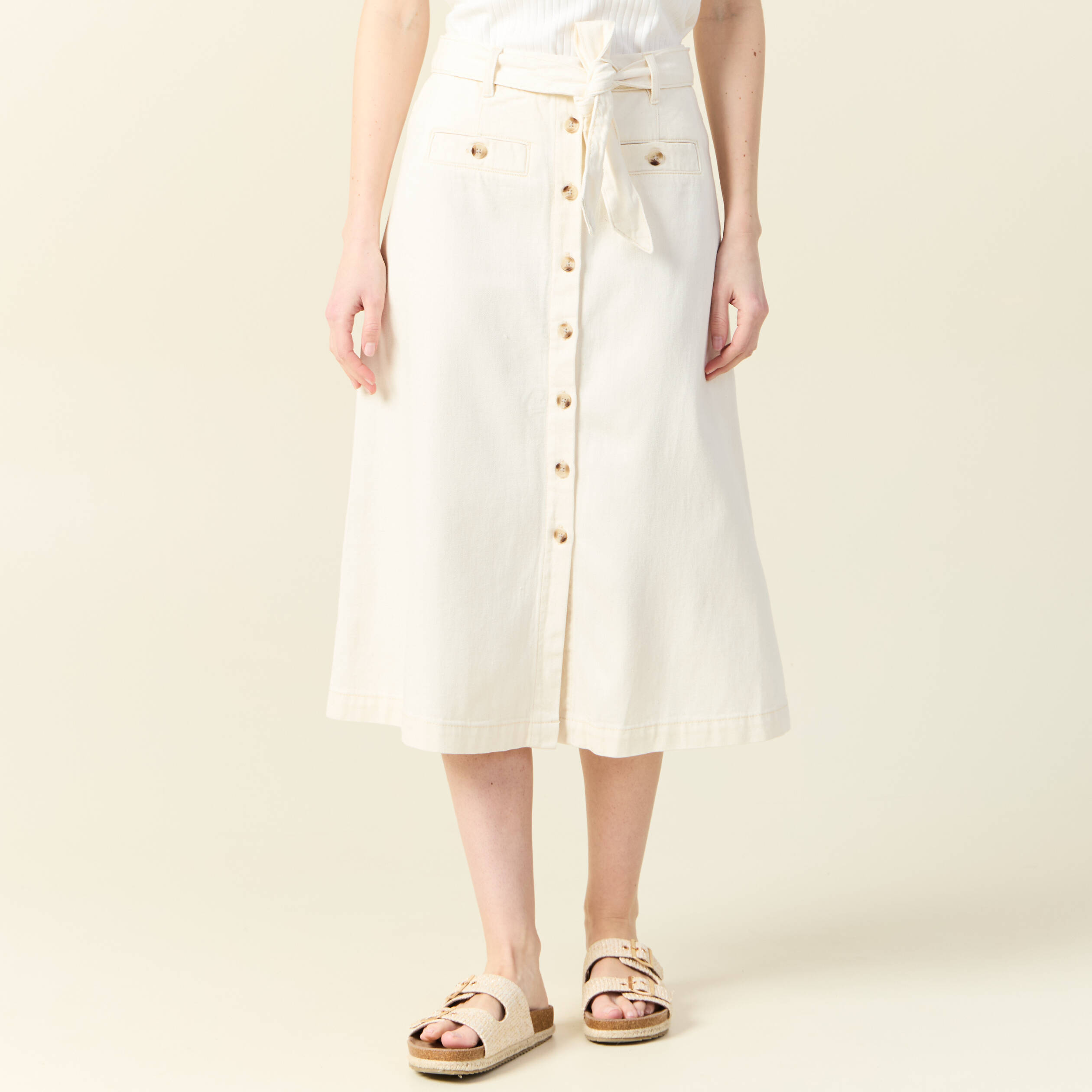 jupe midi trapeze denim blanc femme Jupe midi trapèze denim blanc femme
