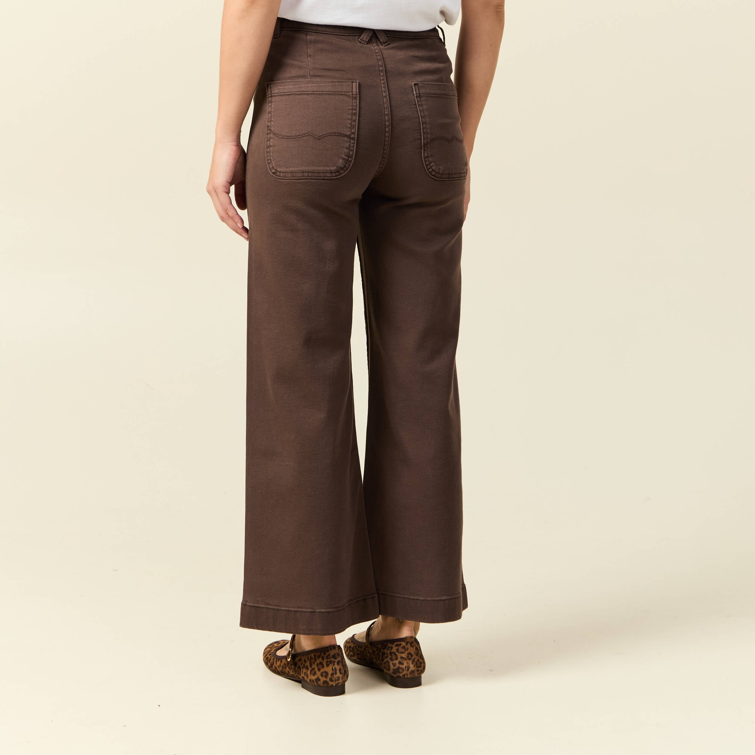 Jeans large cropped taille haute marron femme