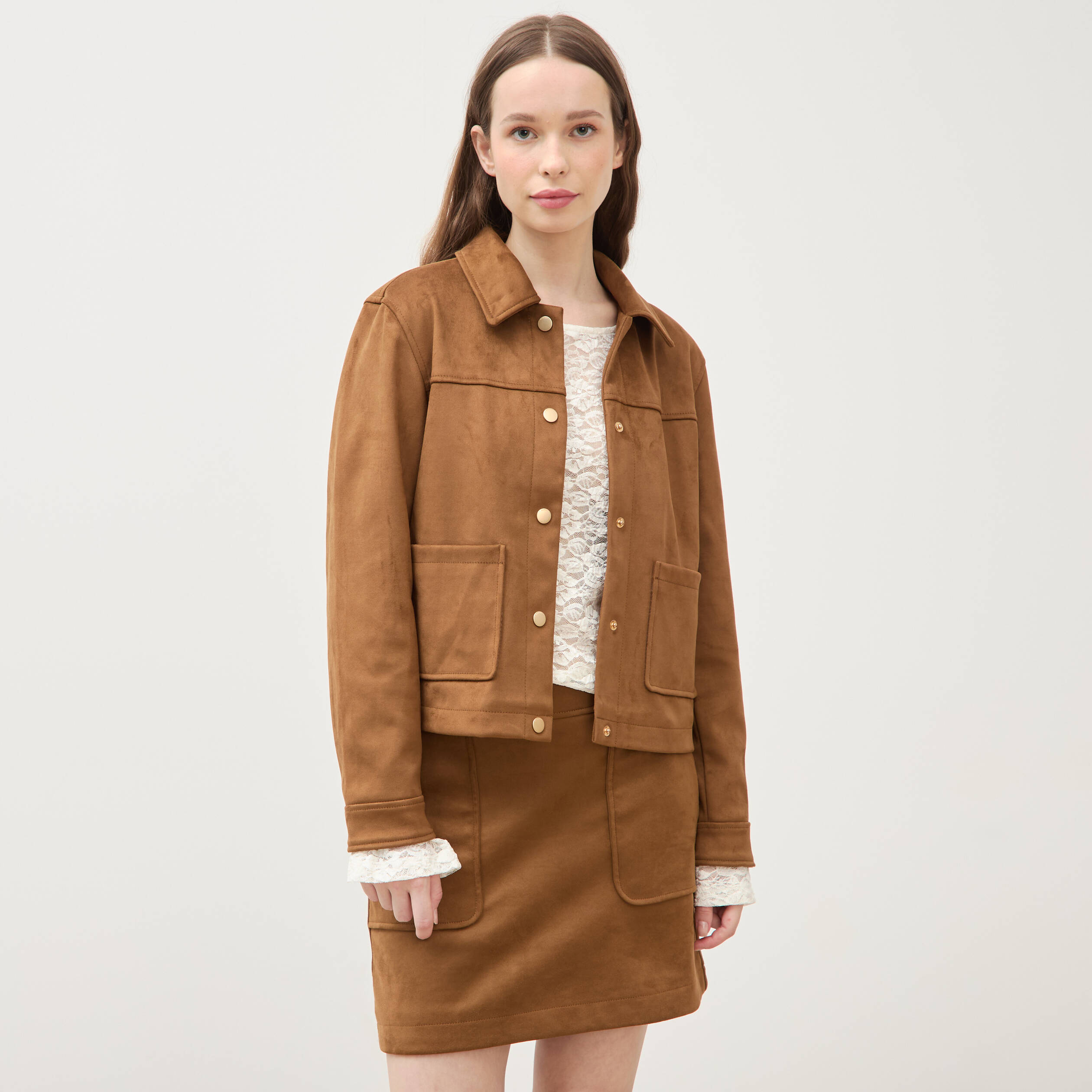 Blouson manches longues col classique marron femme