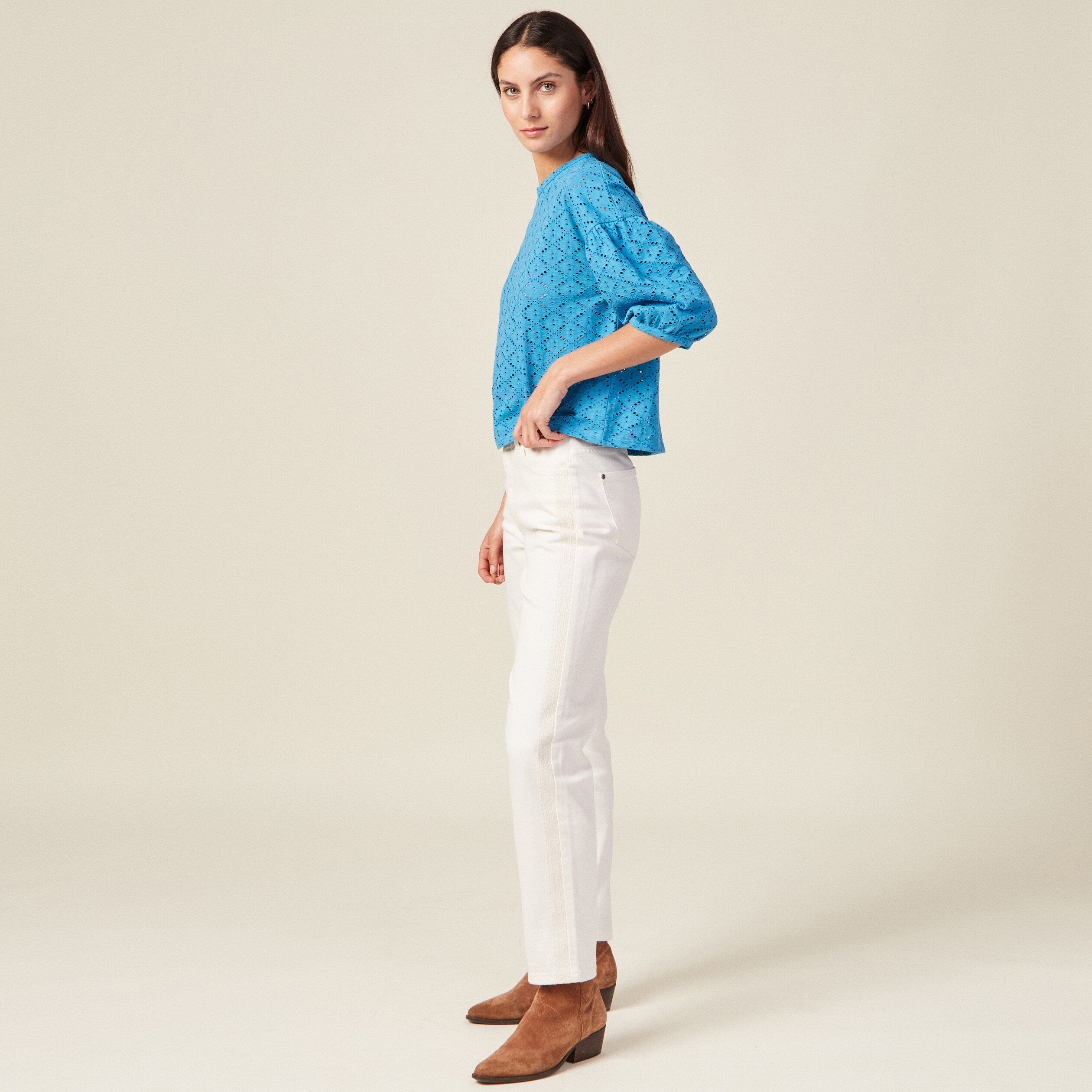t shirt manches 34 ajoure bleu femme T-shirt manches 3/4 ajouré bleu femme