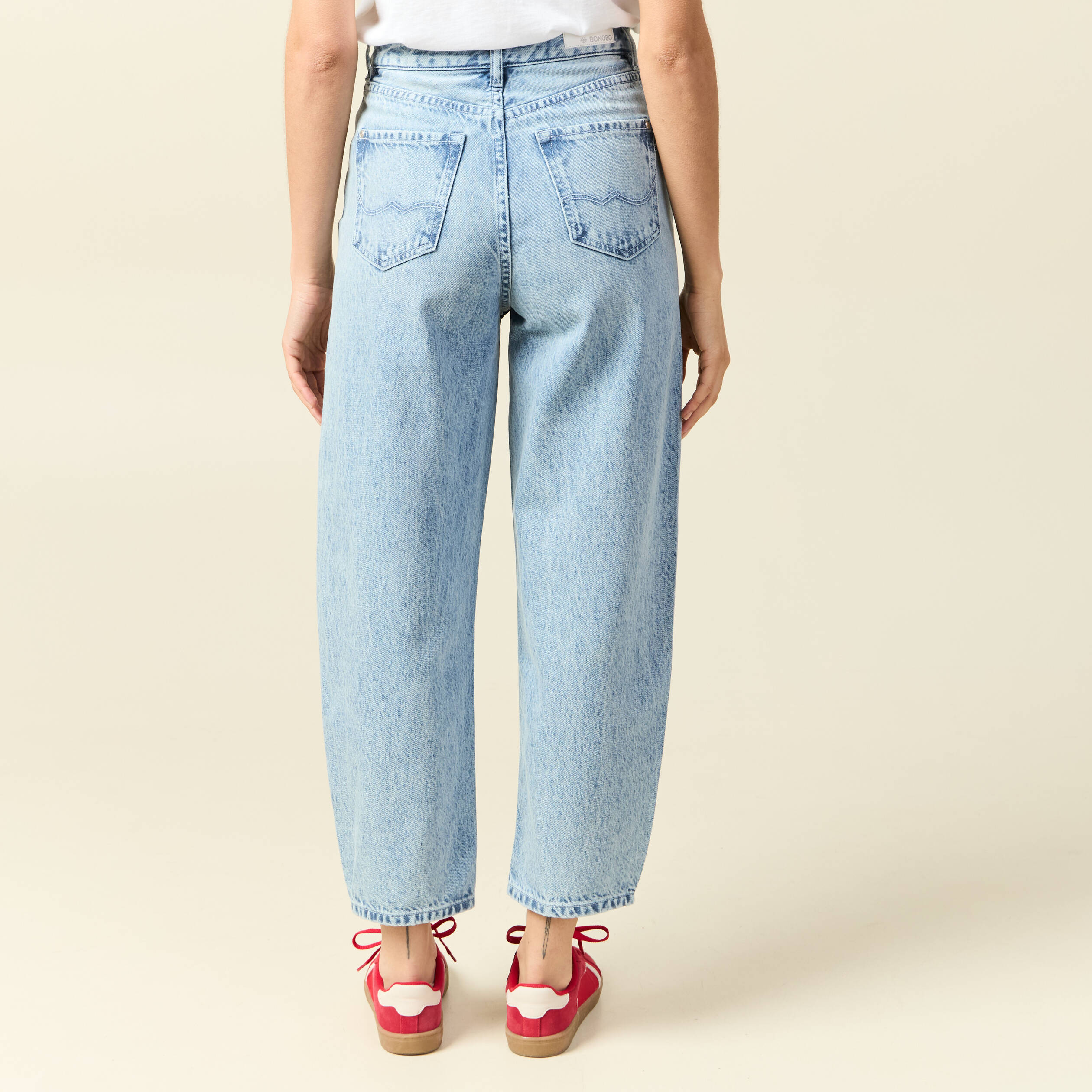 Jeans slouchy taille haute en coton denim bleach femme
