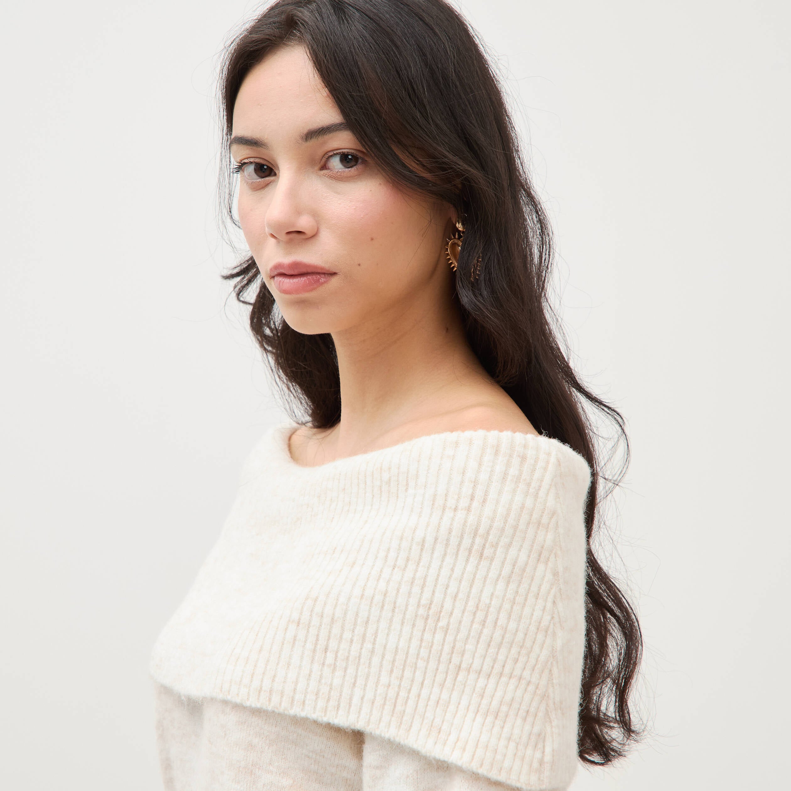 Pull droit manches longues bardot ecru femme