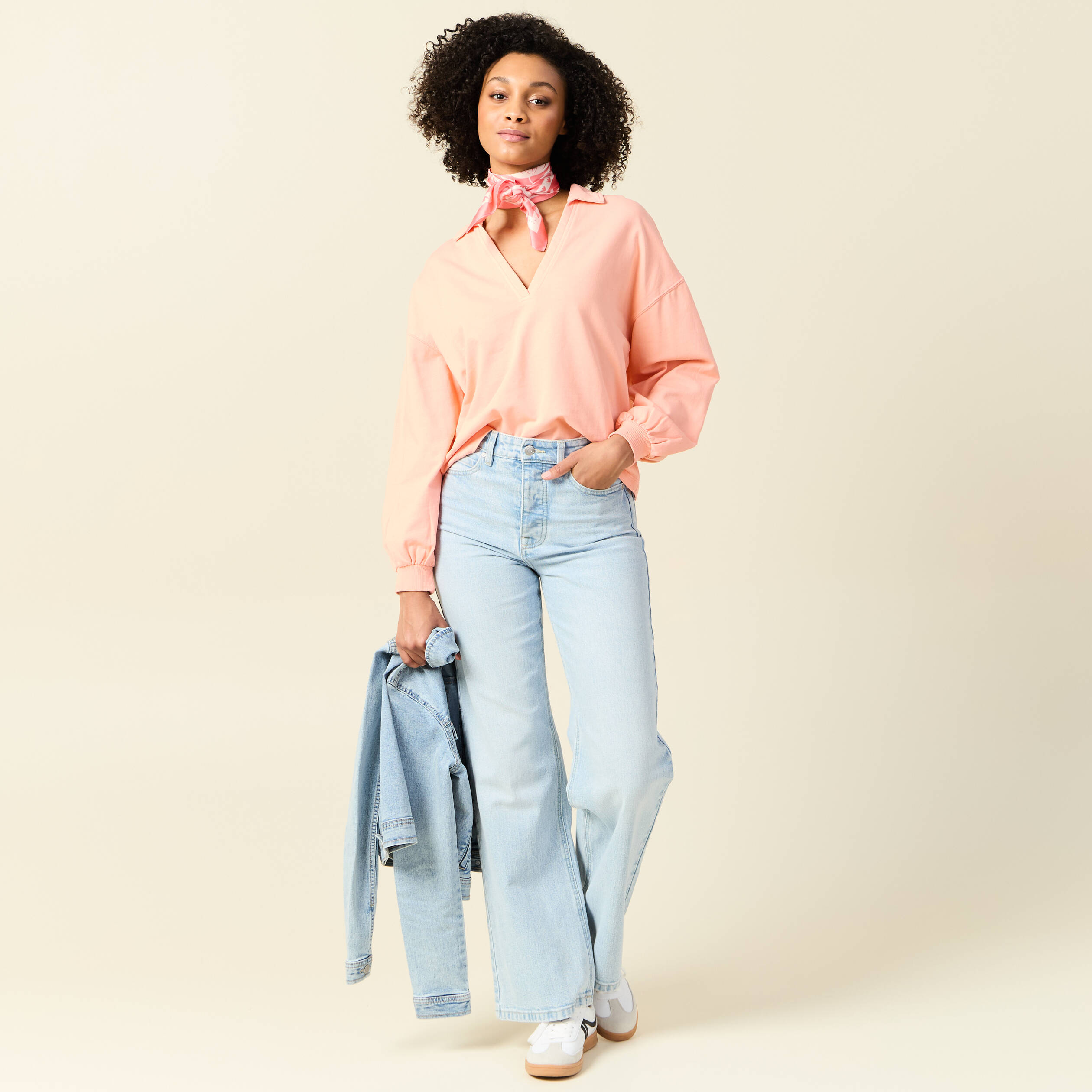sweat manches longues col polo rose saumon femme Sweat manches longues col polo rose saumon femme