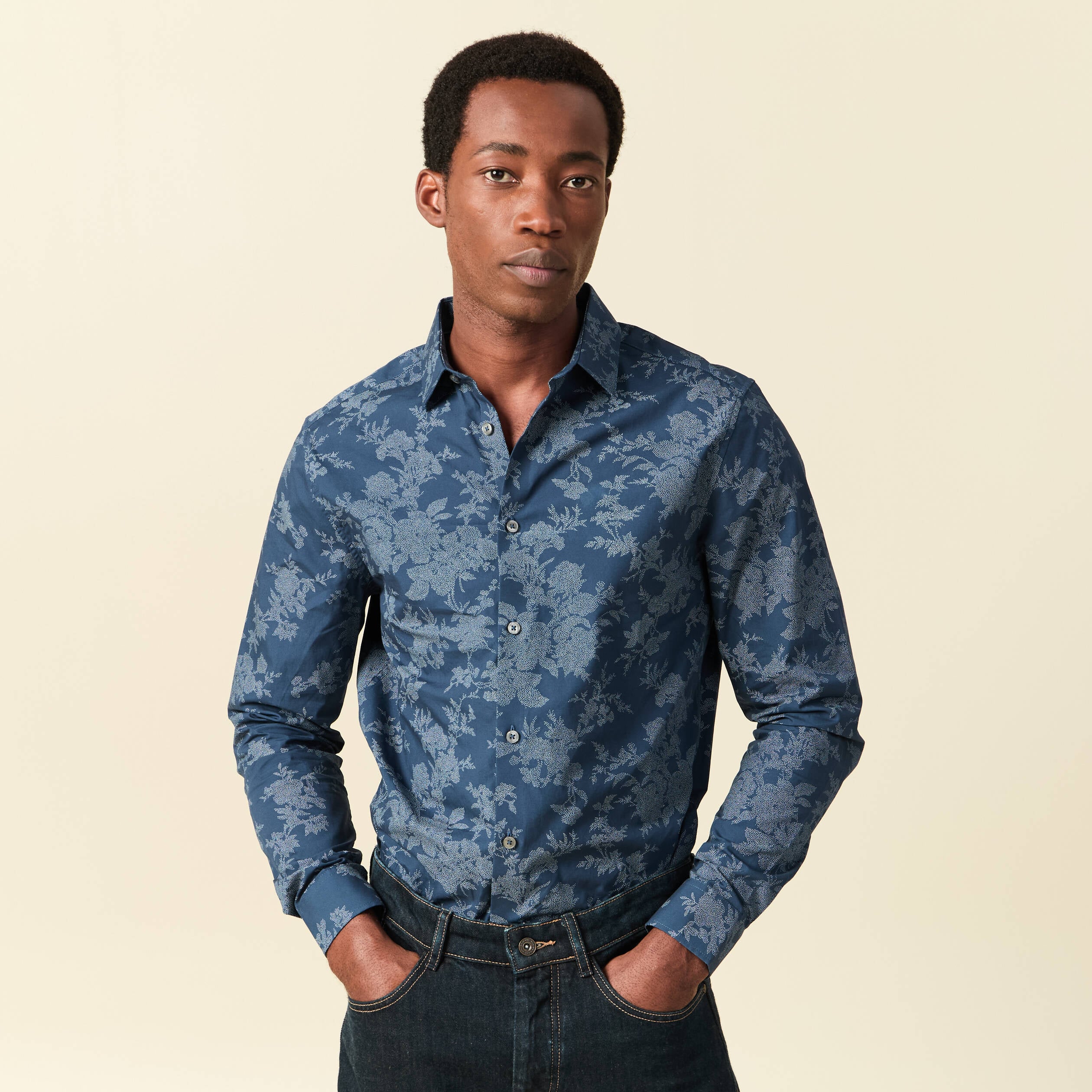 Chemise en coton manches longues bleu marine homme