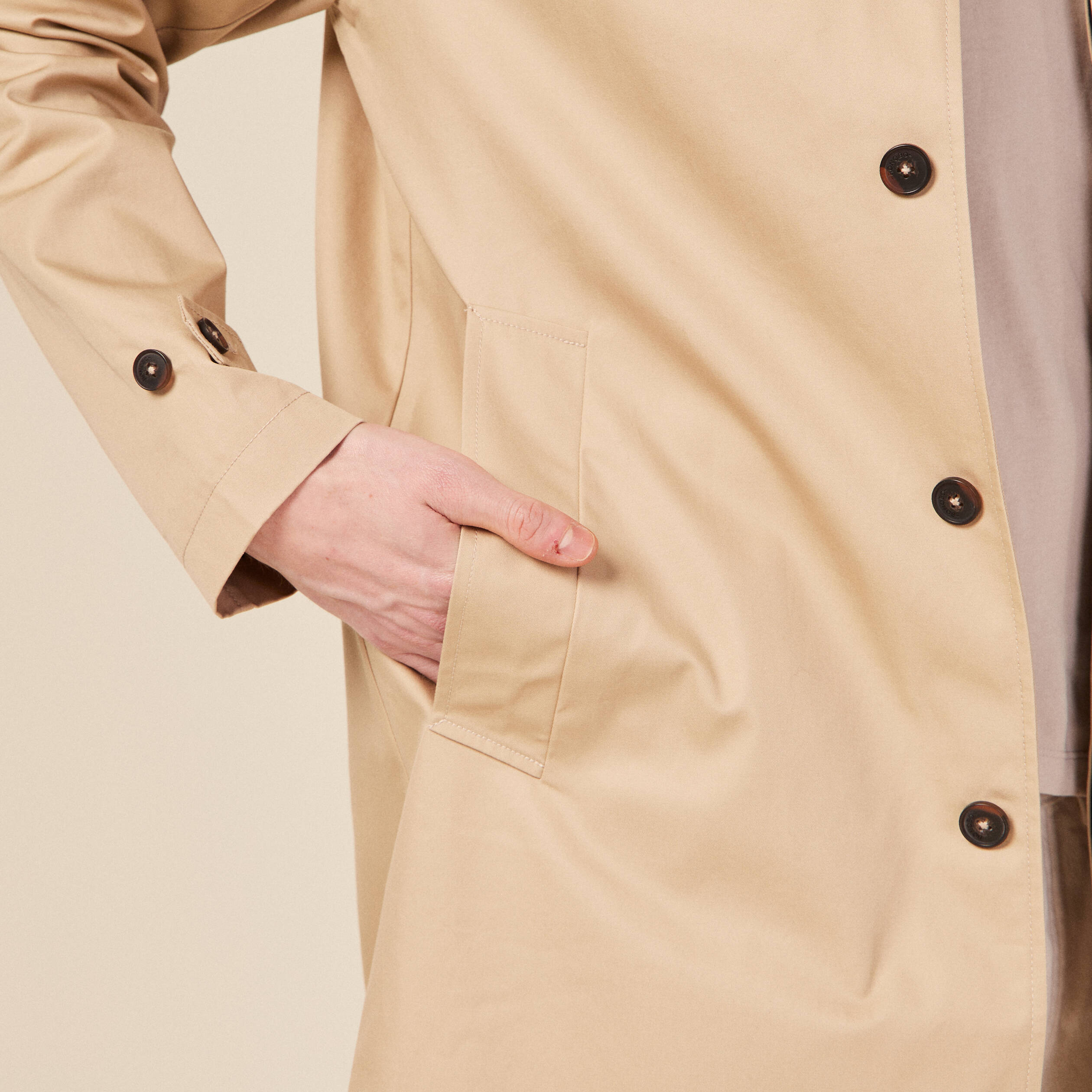Blouson droit long en coton doubl&eacute; beige homme