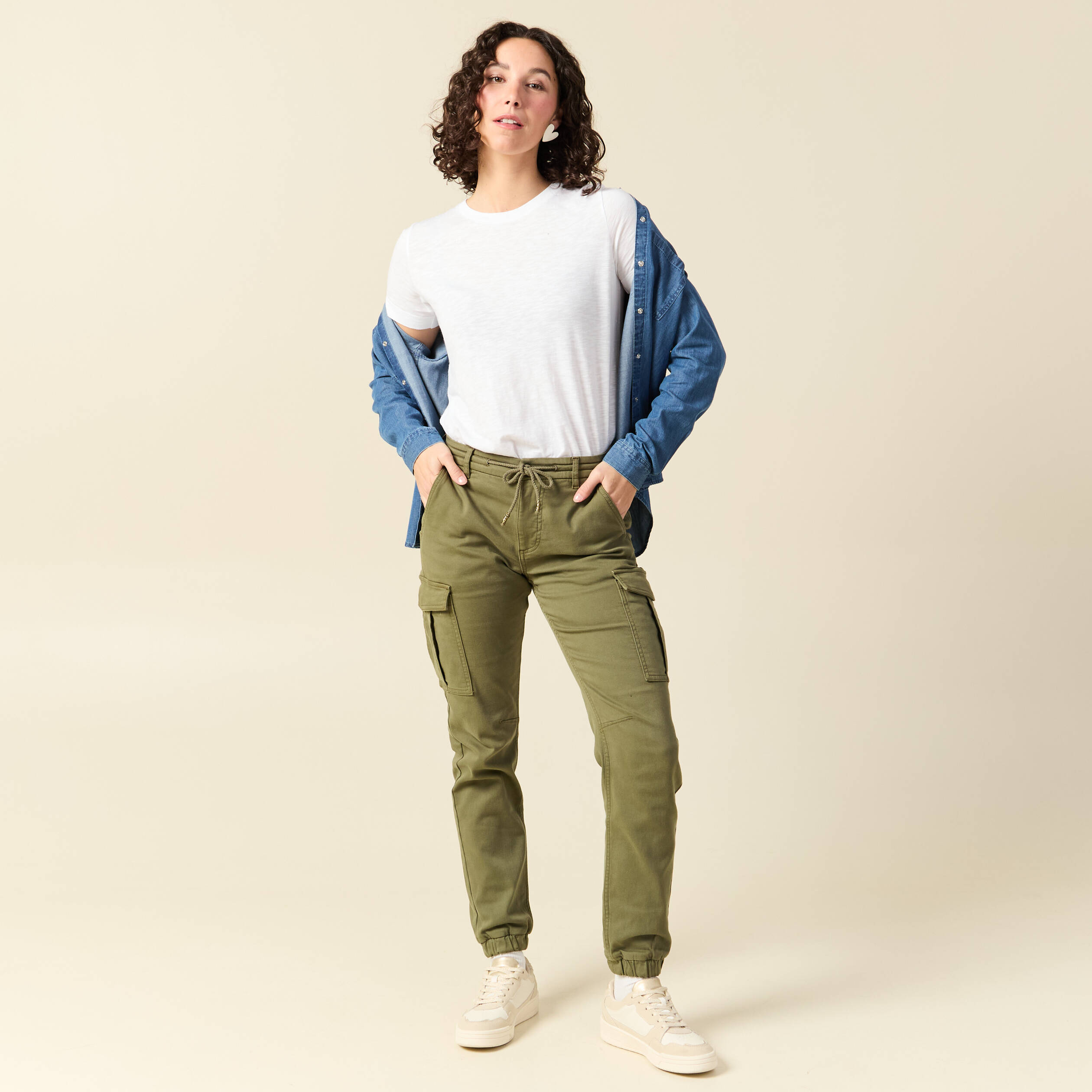 Pantalon cargo battle 7/8&egrave;me en maille vert kaki femme