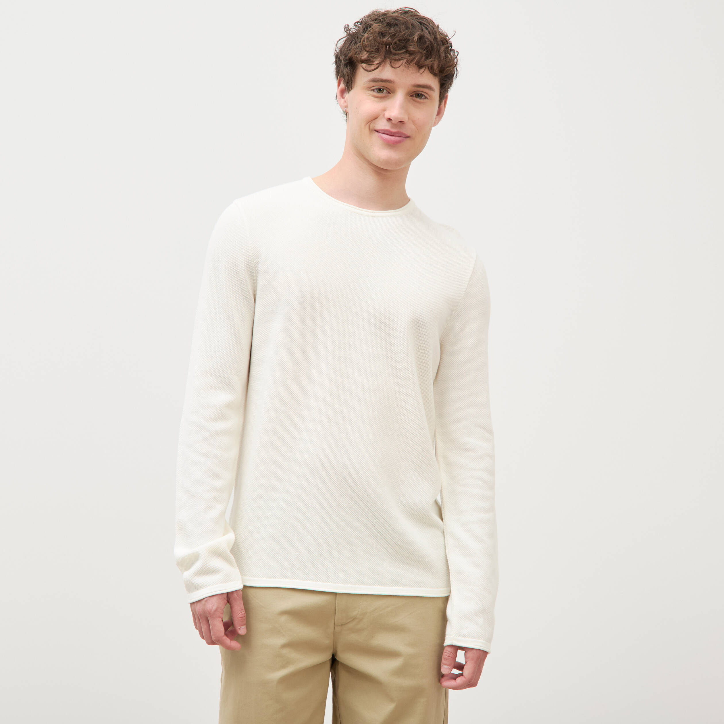 Pull col rond manches longues ecru homme