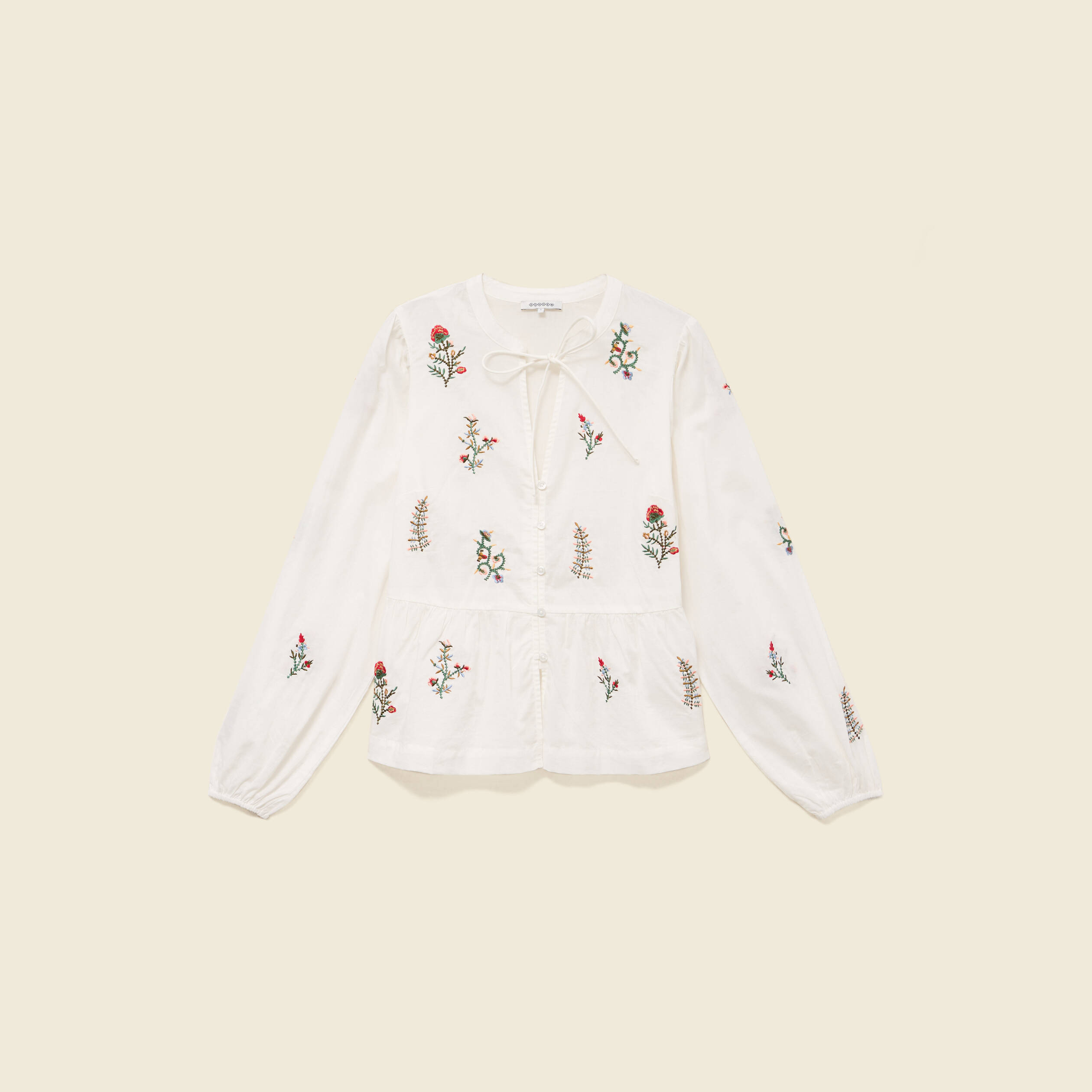Chemise brod&eacute;e en coton manches longues ecru femme