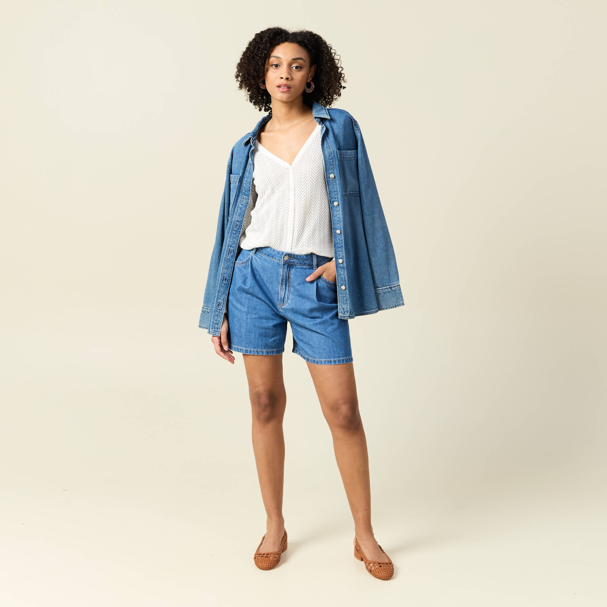short droit en jean a pinces denim baby bleu femme Short droit en jean à pinces denim baby bleu femme