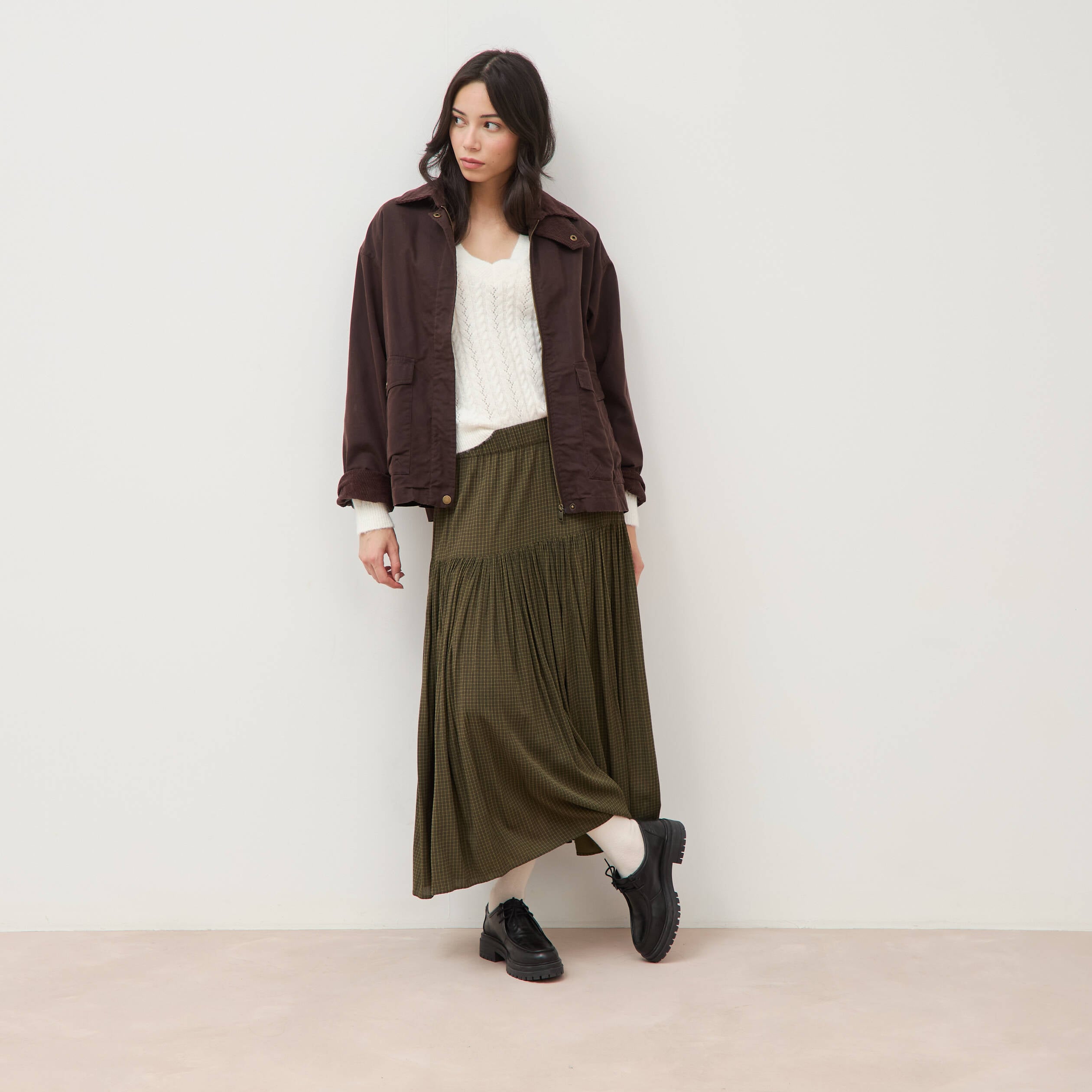 Pull droit col v manches longues ecru femme