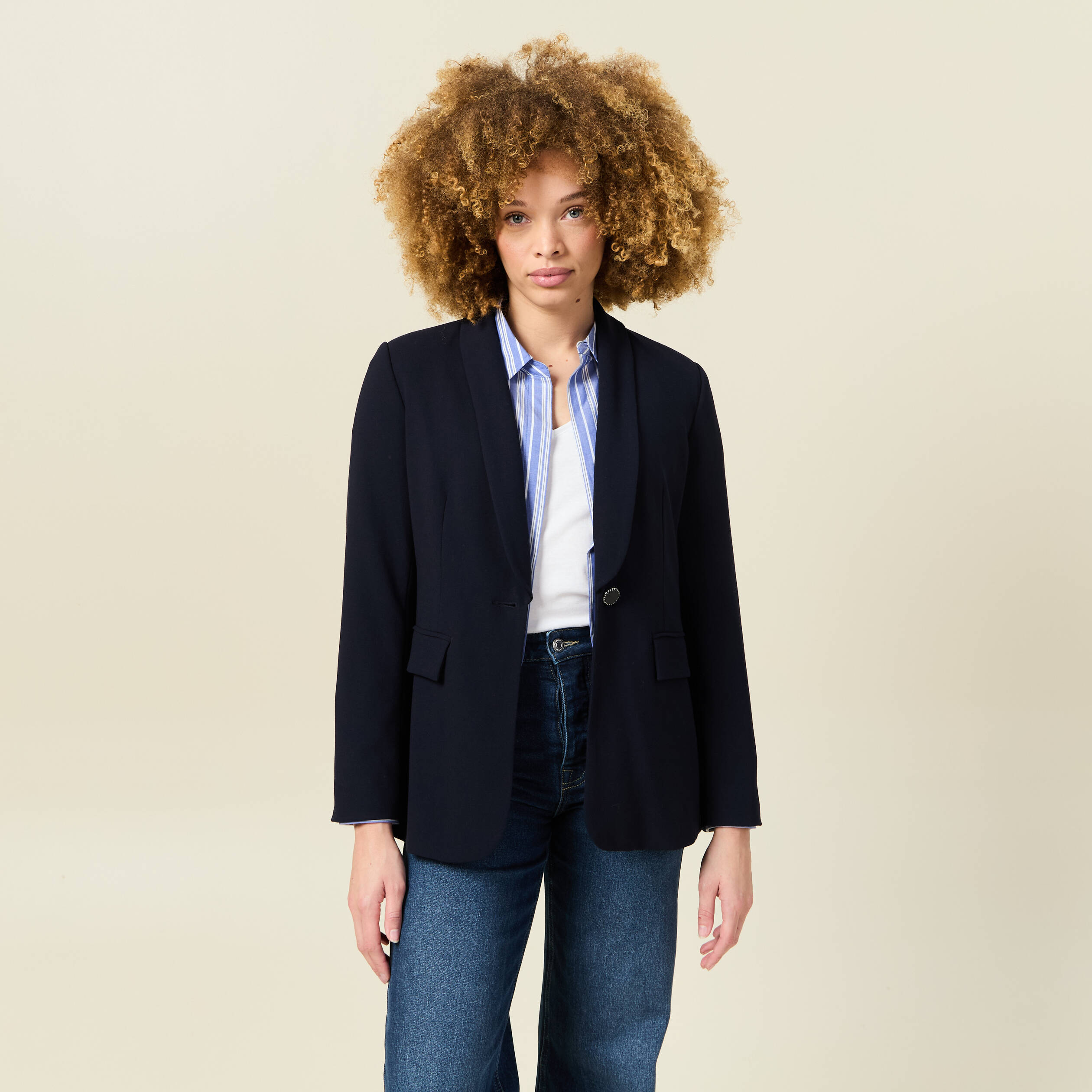 veste blazer col chale bleu marine femme Veste blazer col châle bleu marine femme