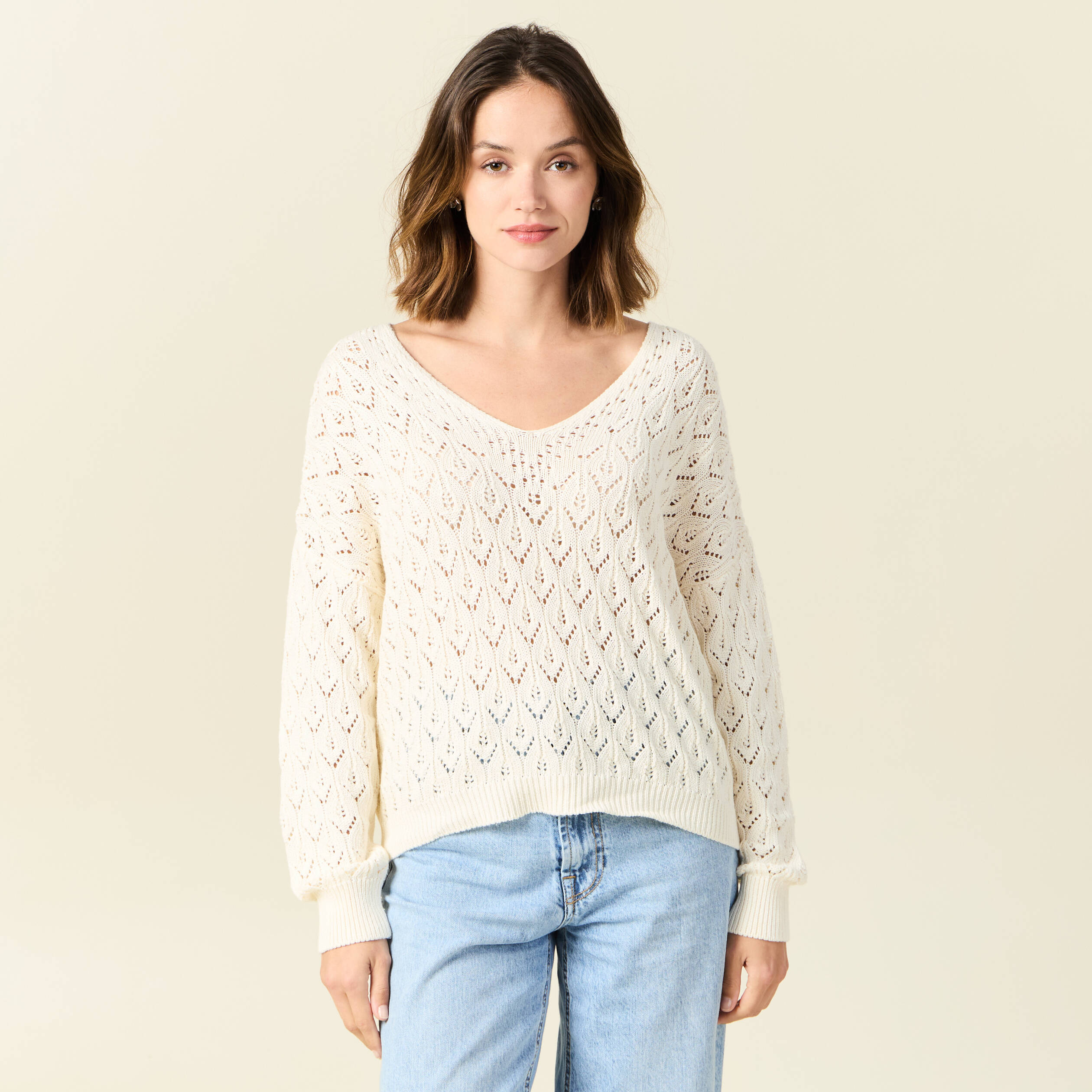 pull manches longues ajoure creme femme Pull manches longues ajouré creme femme