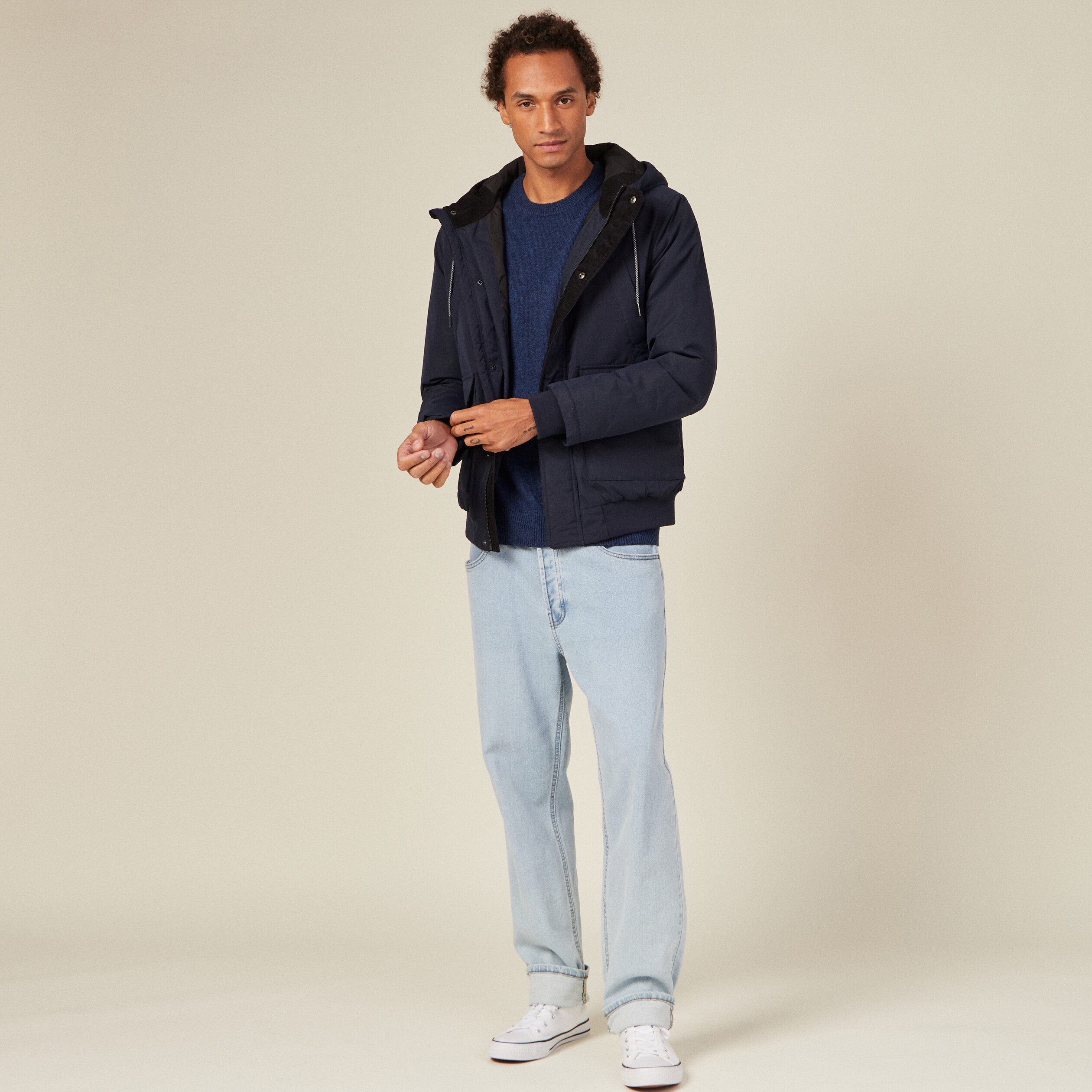 Parka droite à capuche velours bleu marine homme