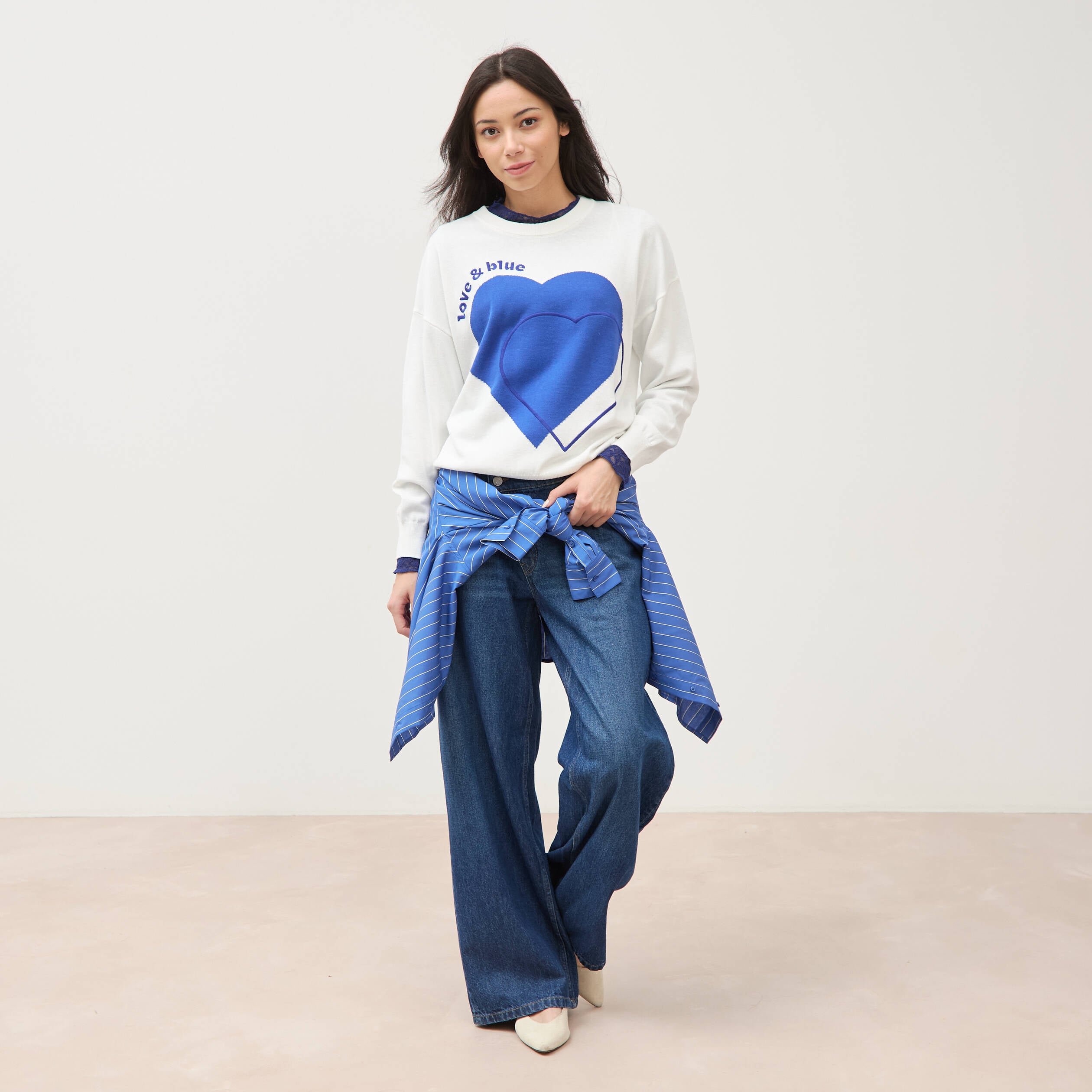 Pull oversize col rond manches longues ecru femme