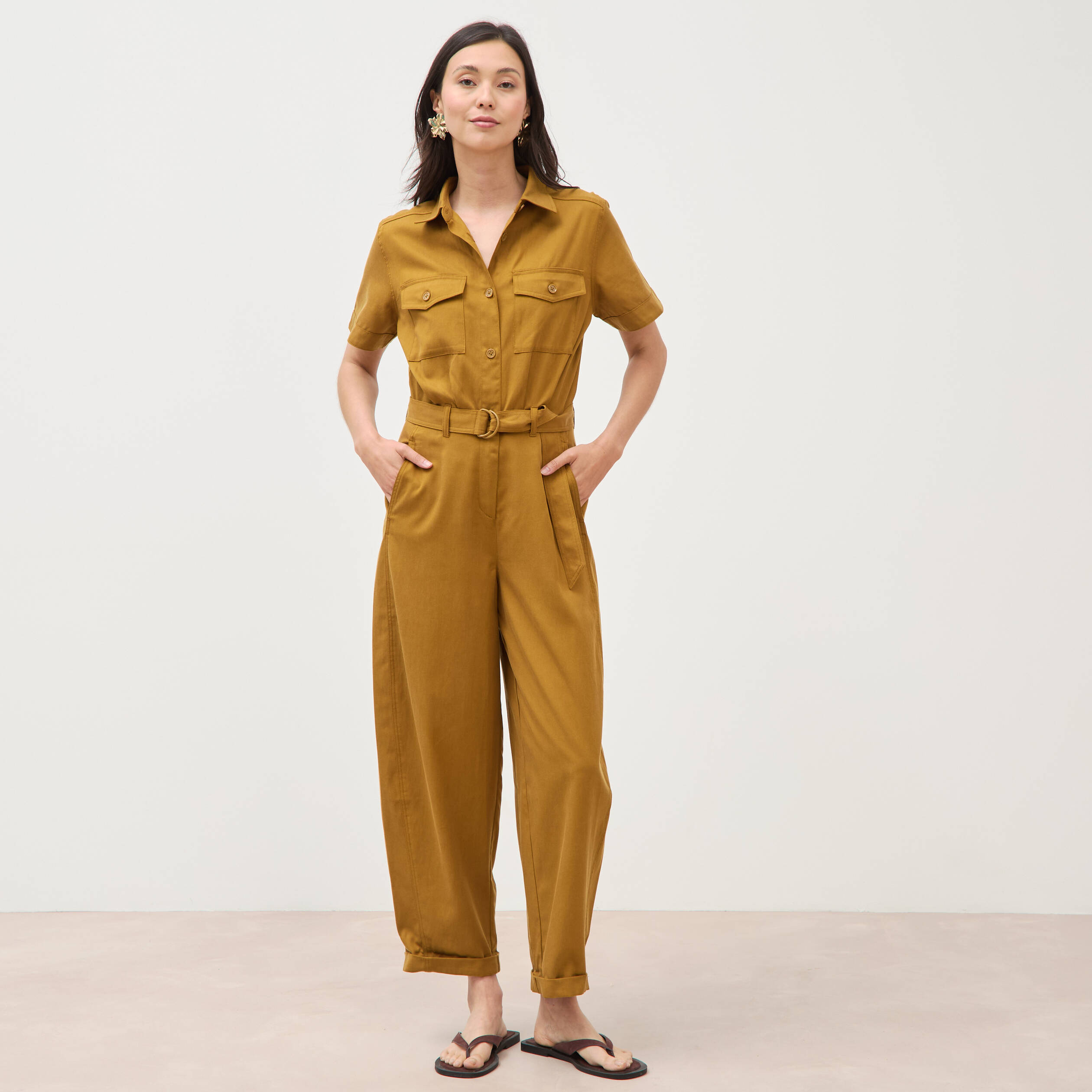 Combinaison salopette col am&eacute;ricain vert olive femme