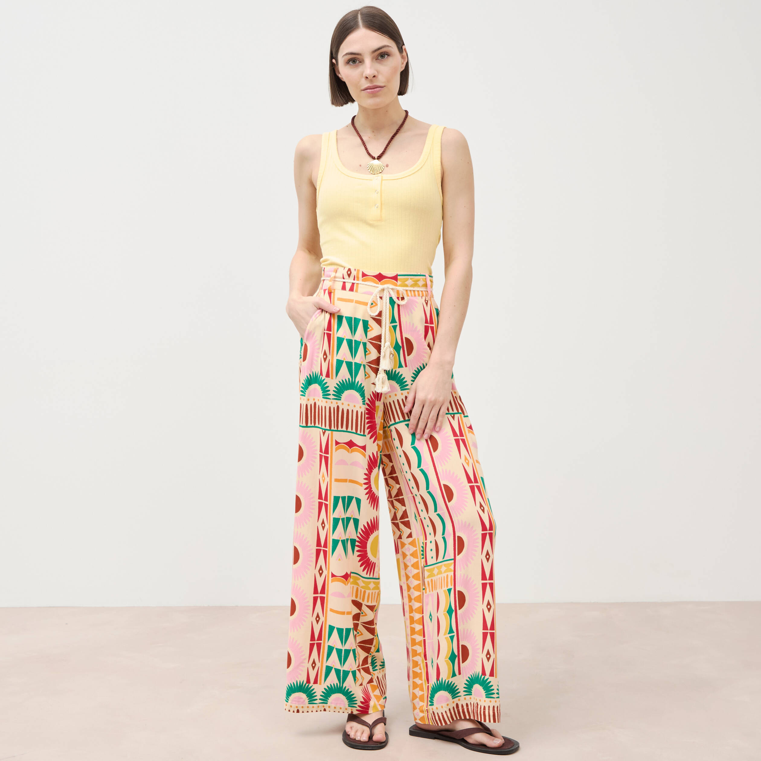 Pantalon loose taille haute multicolore femme