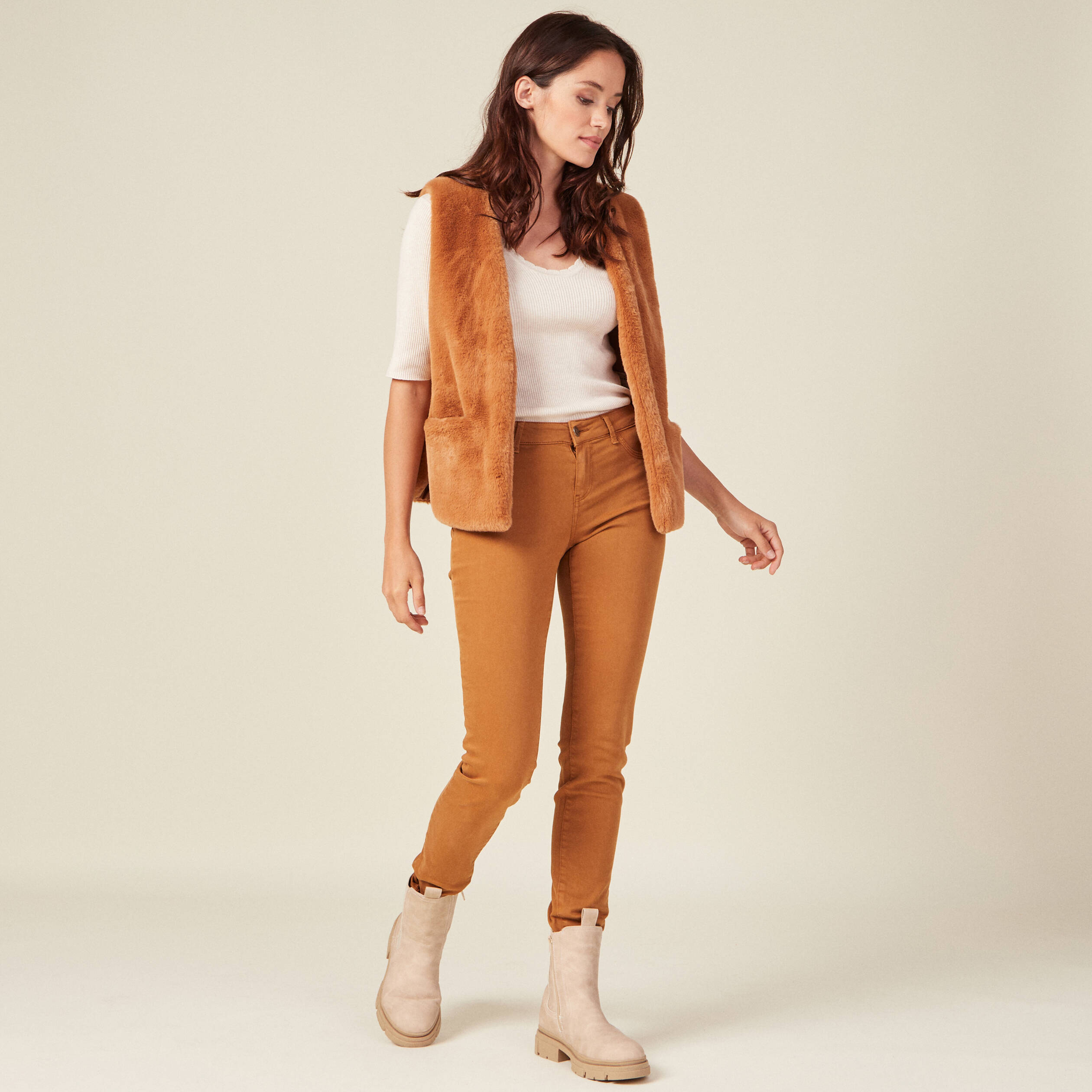 Pantalon slim marron cheap femme