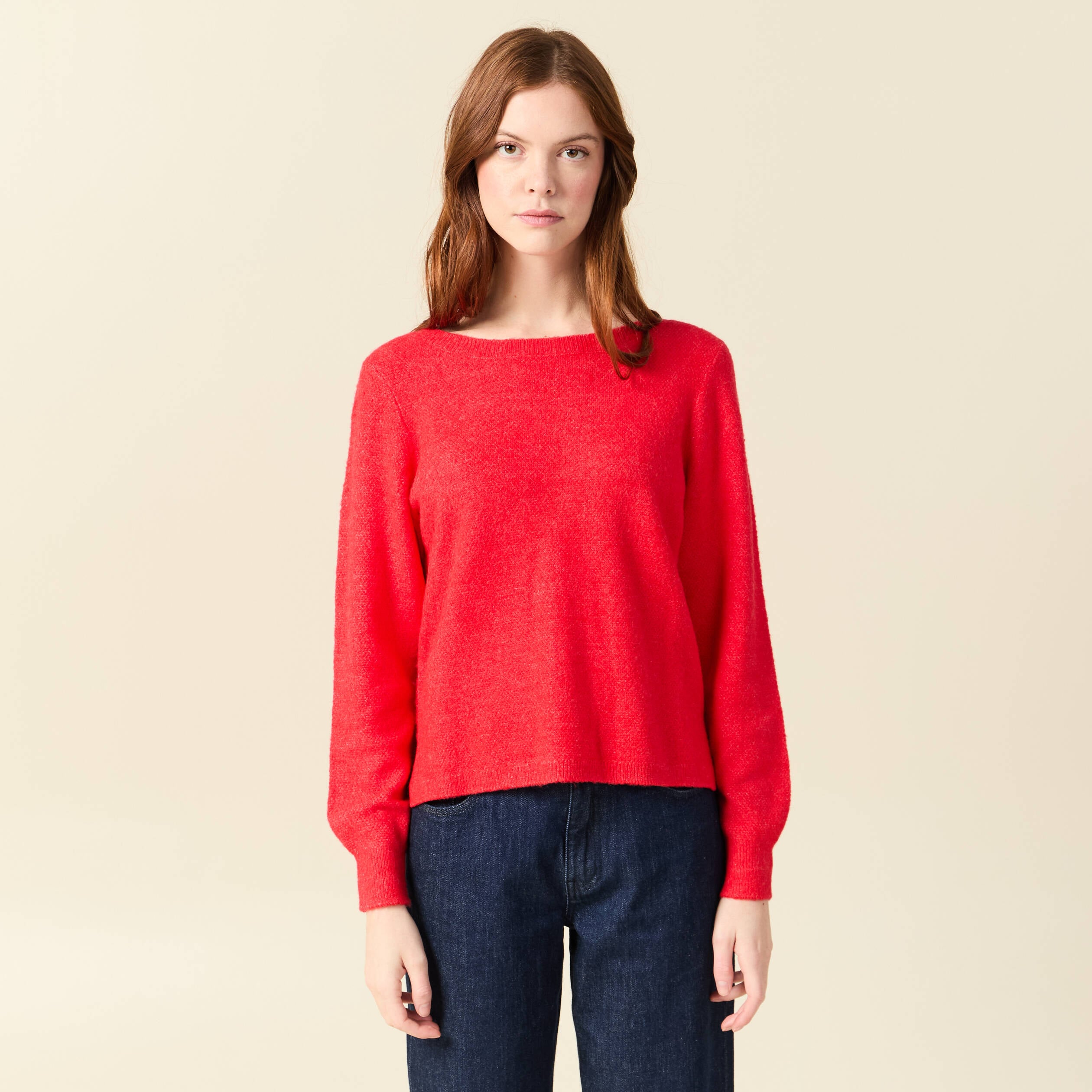 Pull col bateau manches longues rouge femme