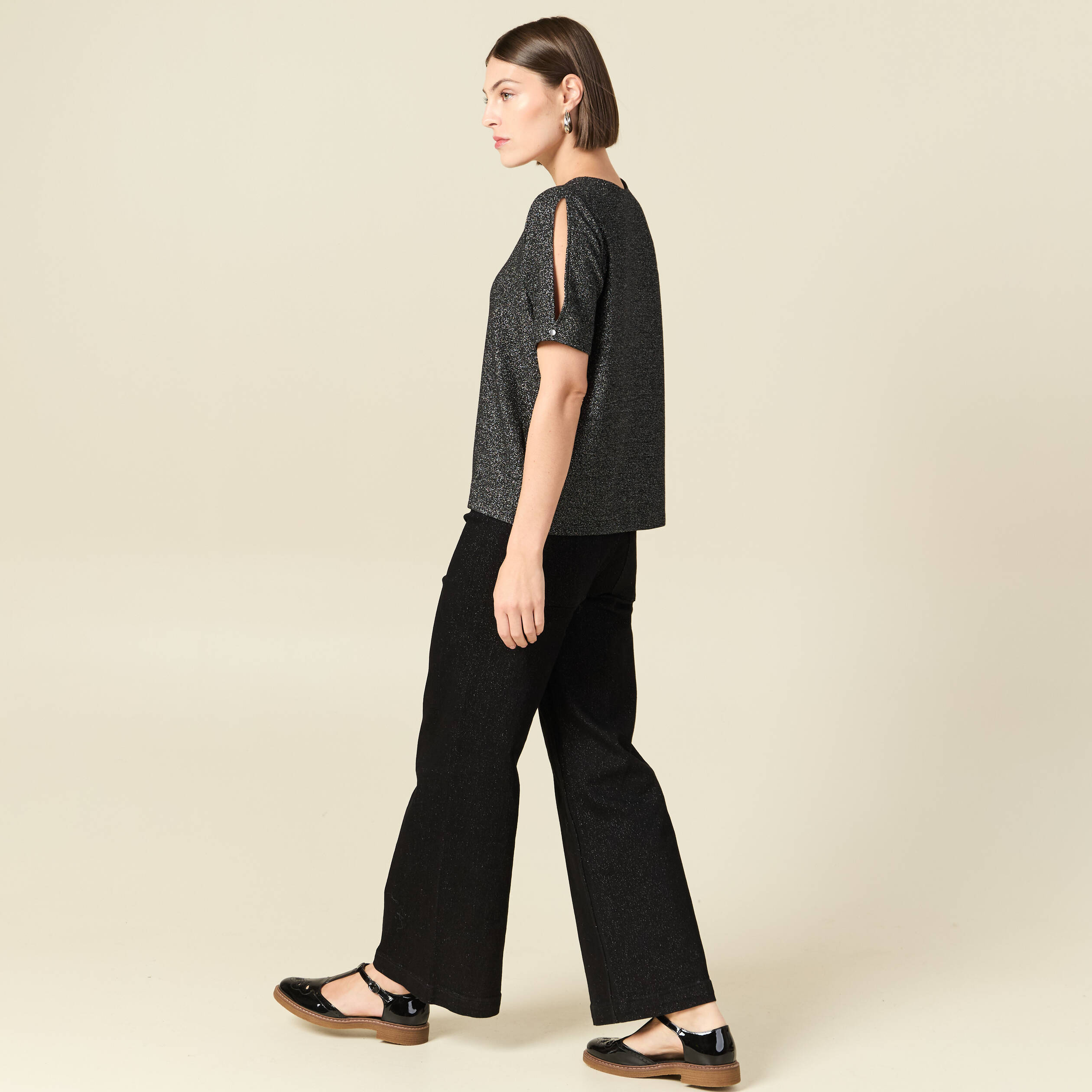 T-shirt manches courtes brillant noir femme