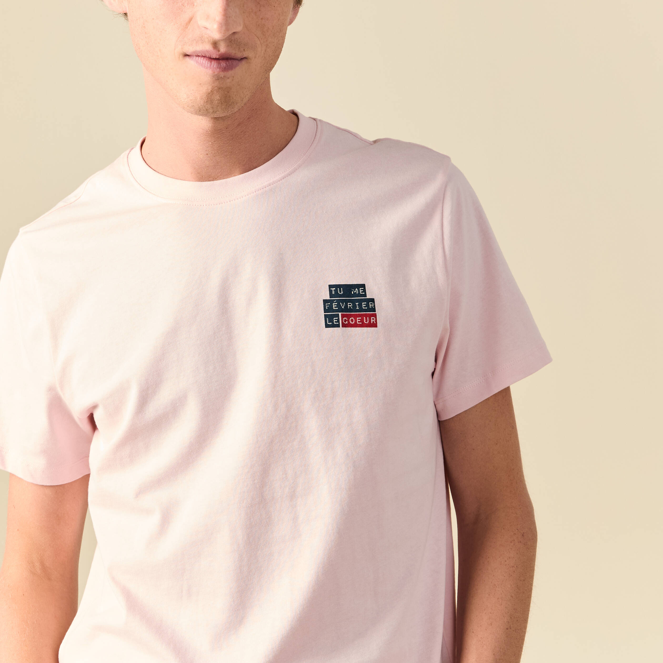 T-shirt en coton manches courtes rose poudr&eacute;e homme