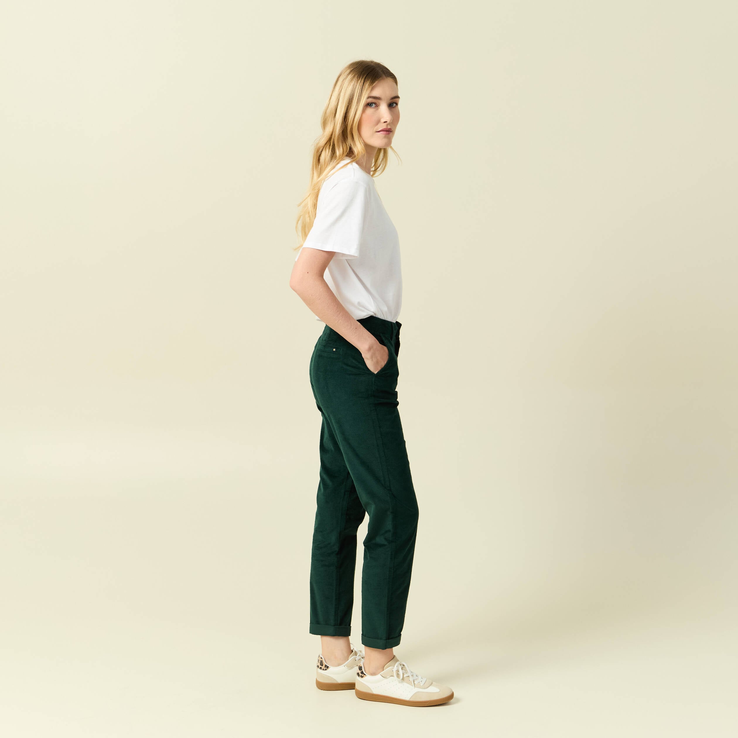 Pantalon large 7/8&egrave;me taille haute vert fonc&eacute; femme