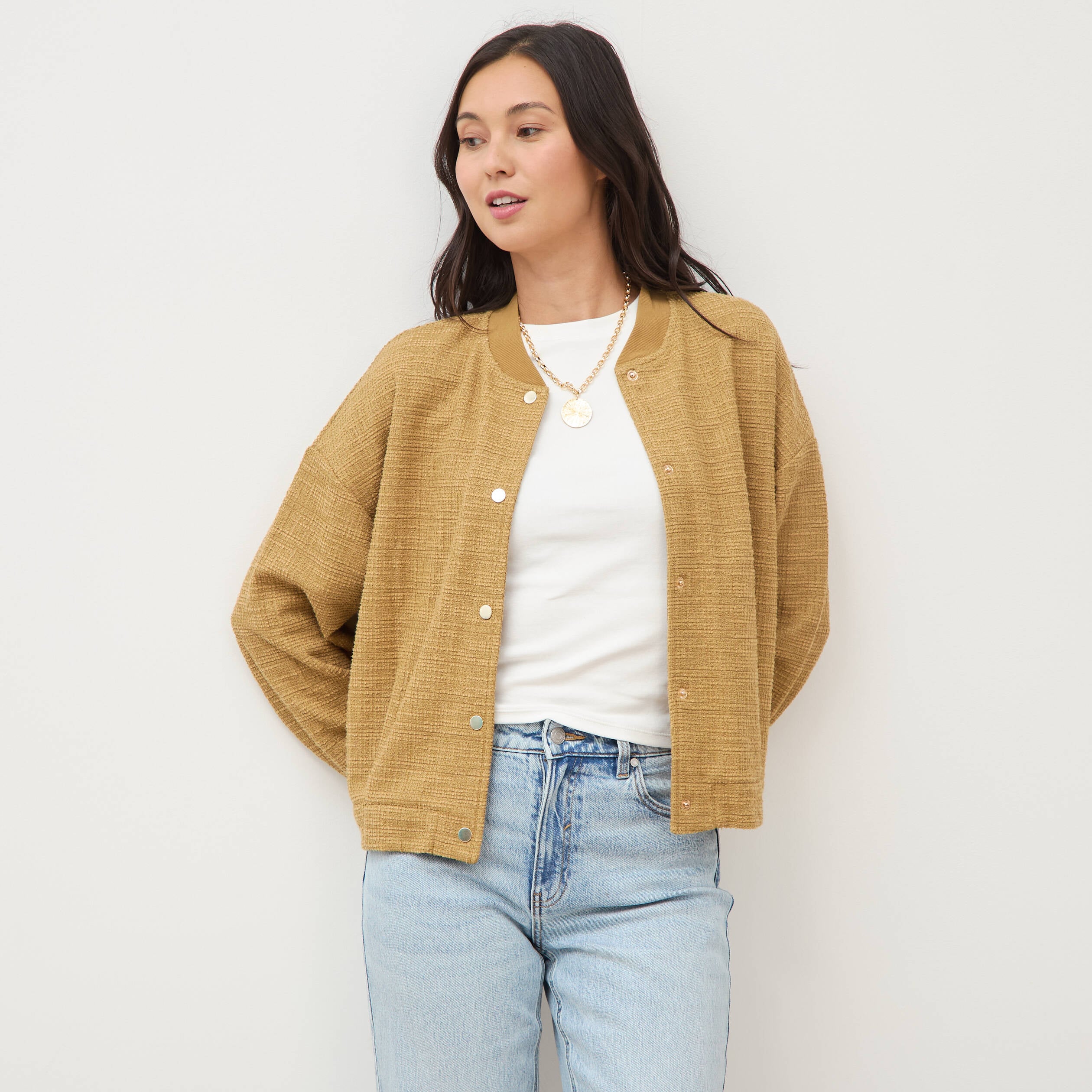 Veste droite manches longues tweed camel femme