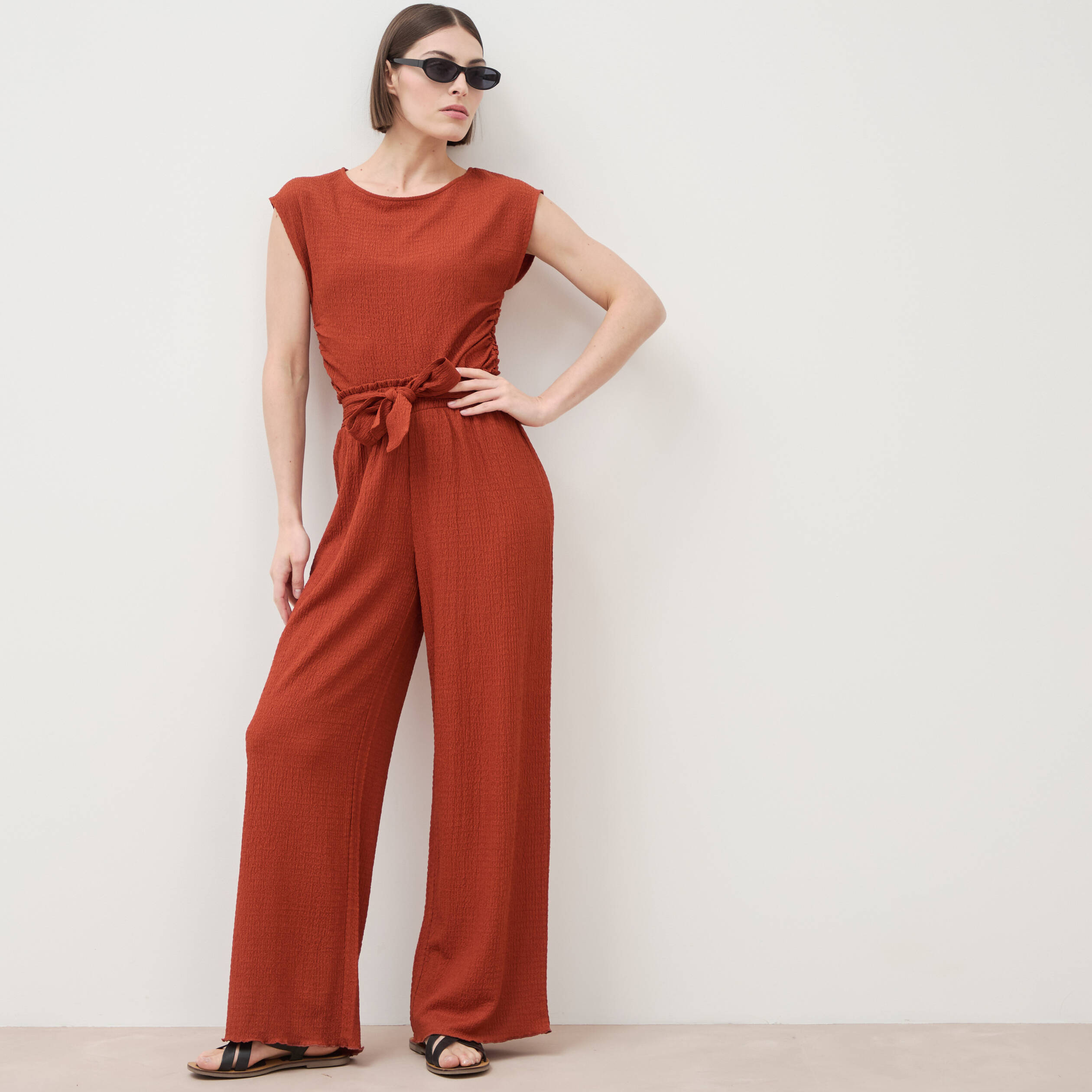 Pantalon loose avec ceinture marron cognac femme