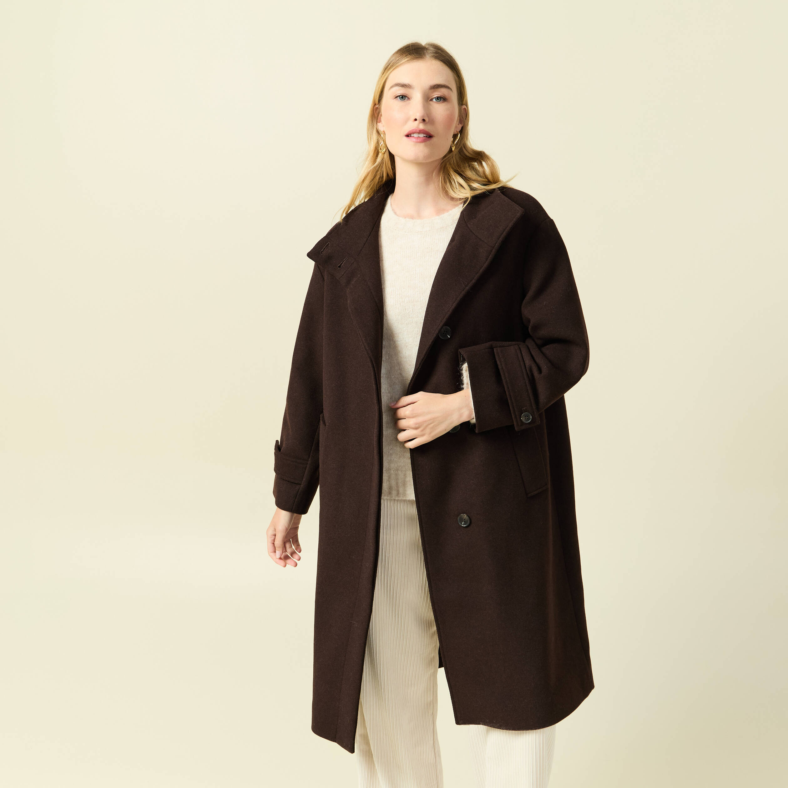 Manteau droit long col montant marron foncé femme Bonobo