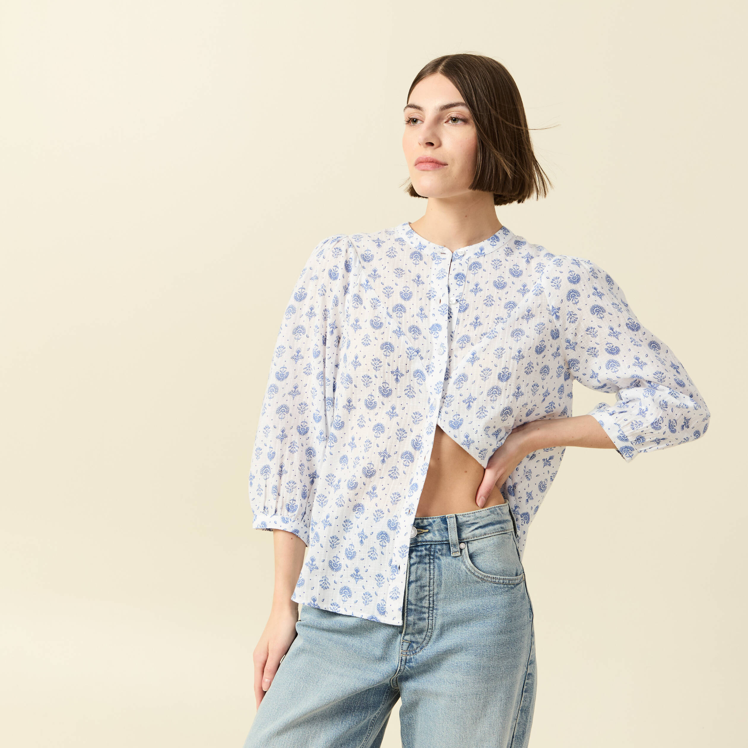 Chemise &agrave; manches longues bleu femme