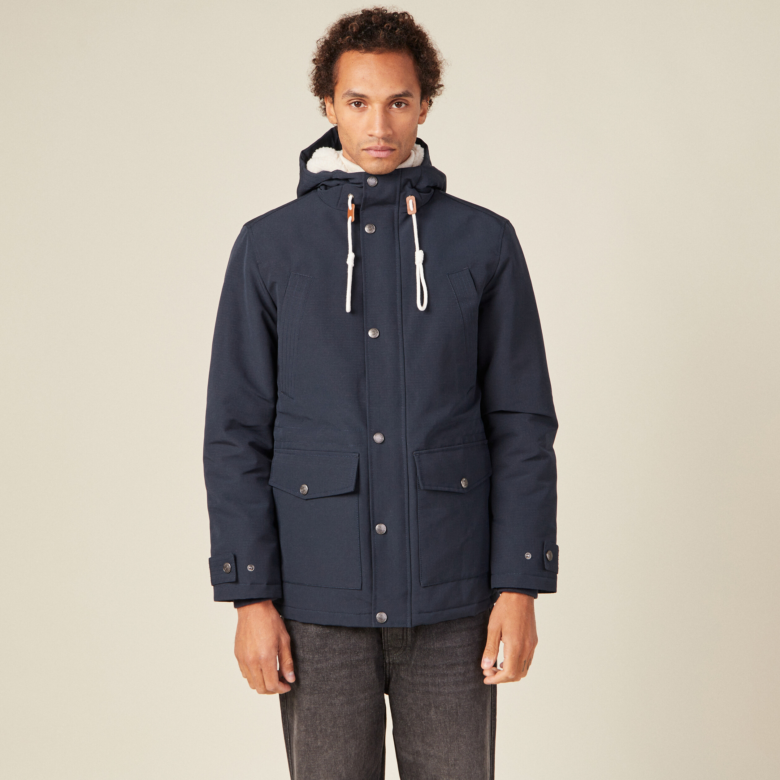 Parka droite à capuche bleu marine homme