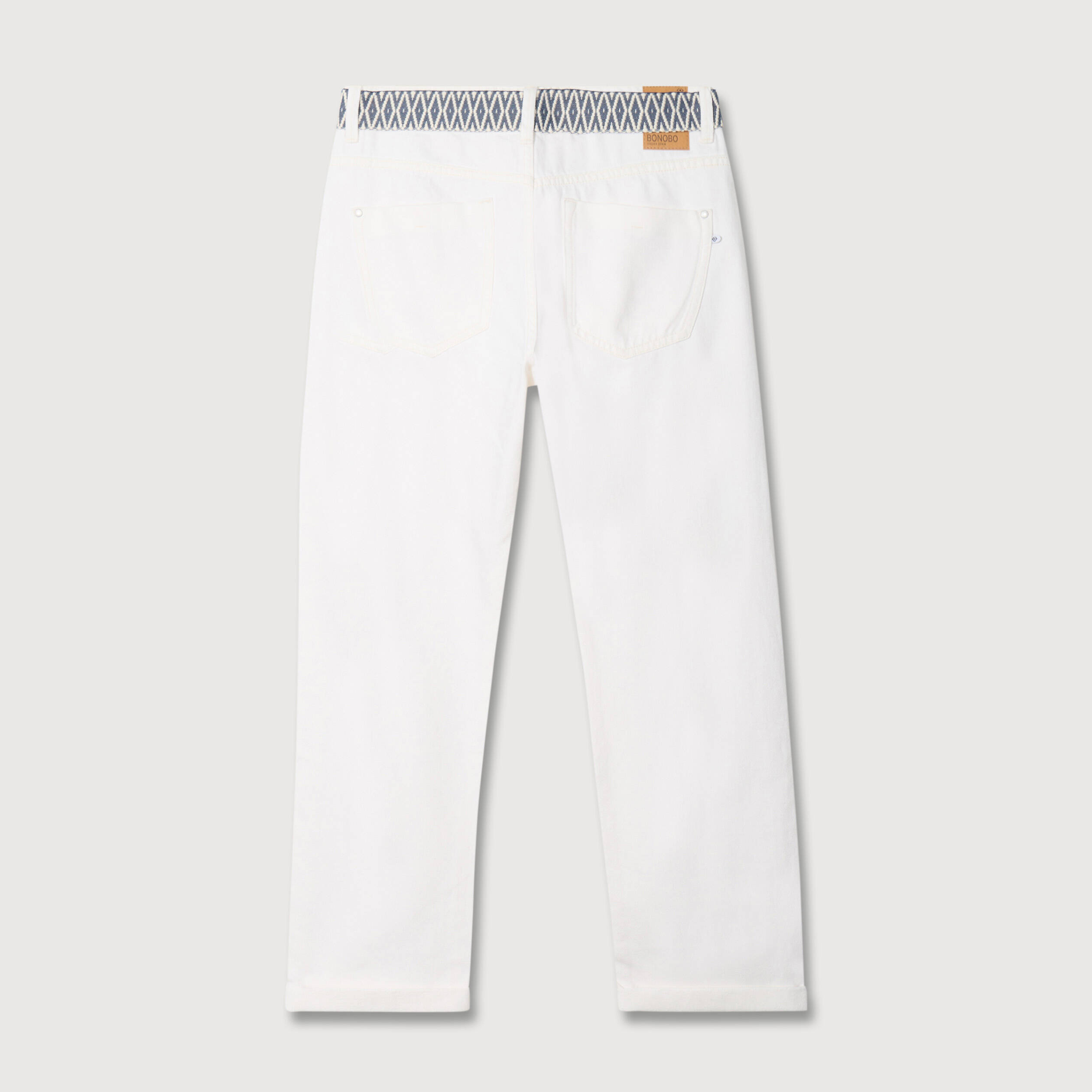 Jeans boyfriend ceintur&eacute; denim blanc femme