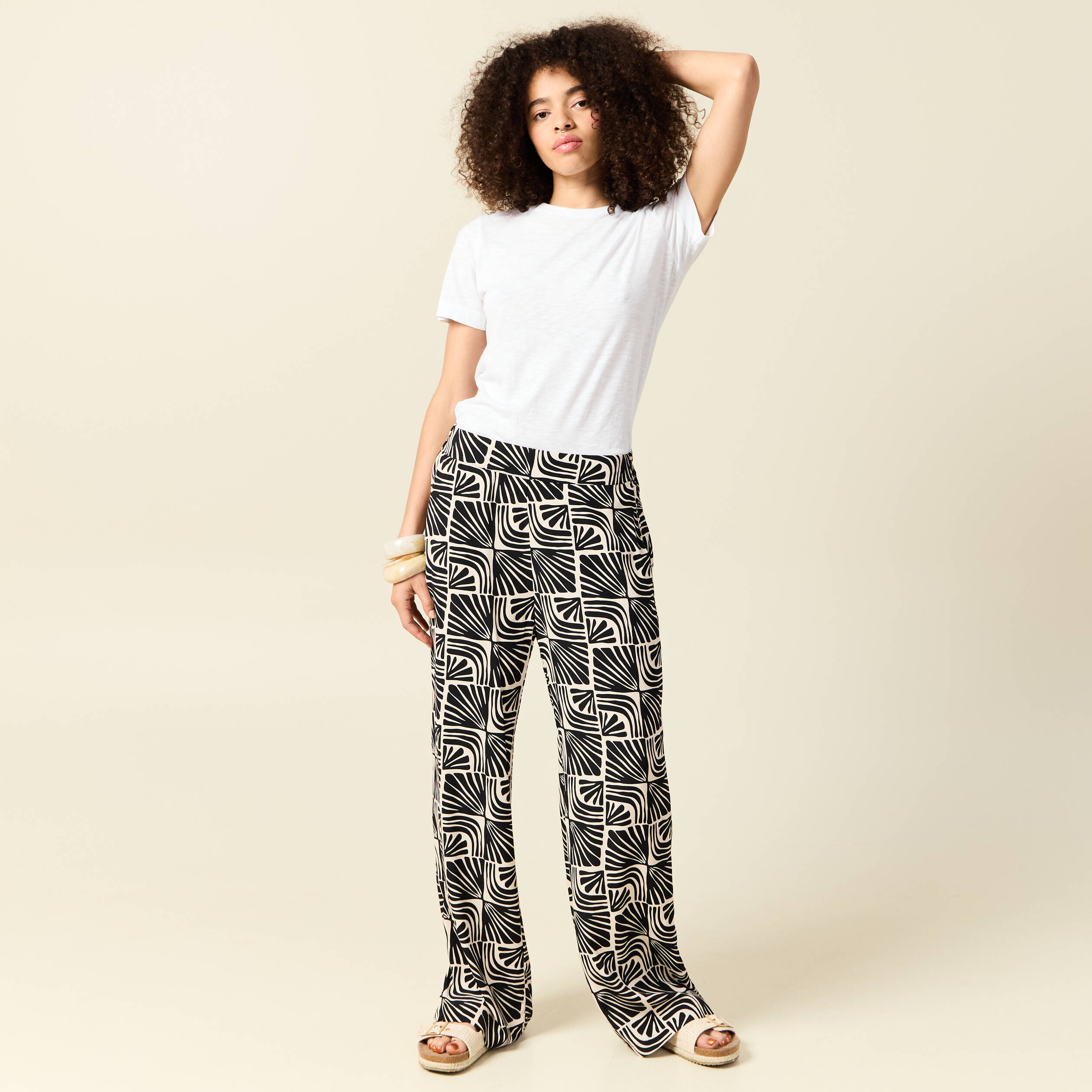 pantalon large taille haute fluide creme femme Pantalon large taille haute fluide creme femme