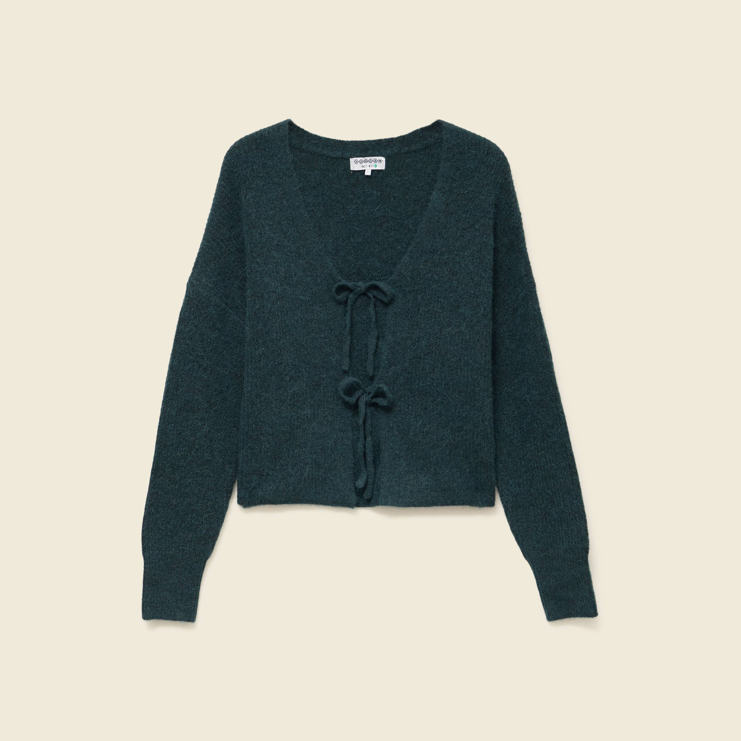 Gilet col V manches longues n&oelig;uds vert fonc&eacute; femme