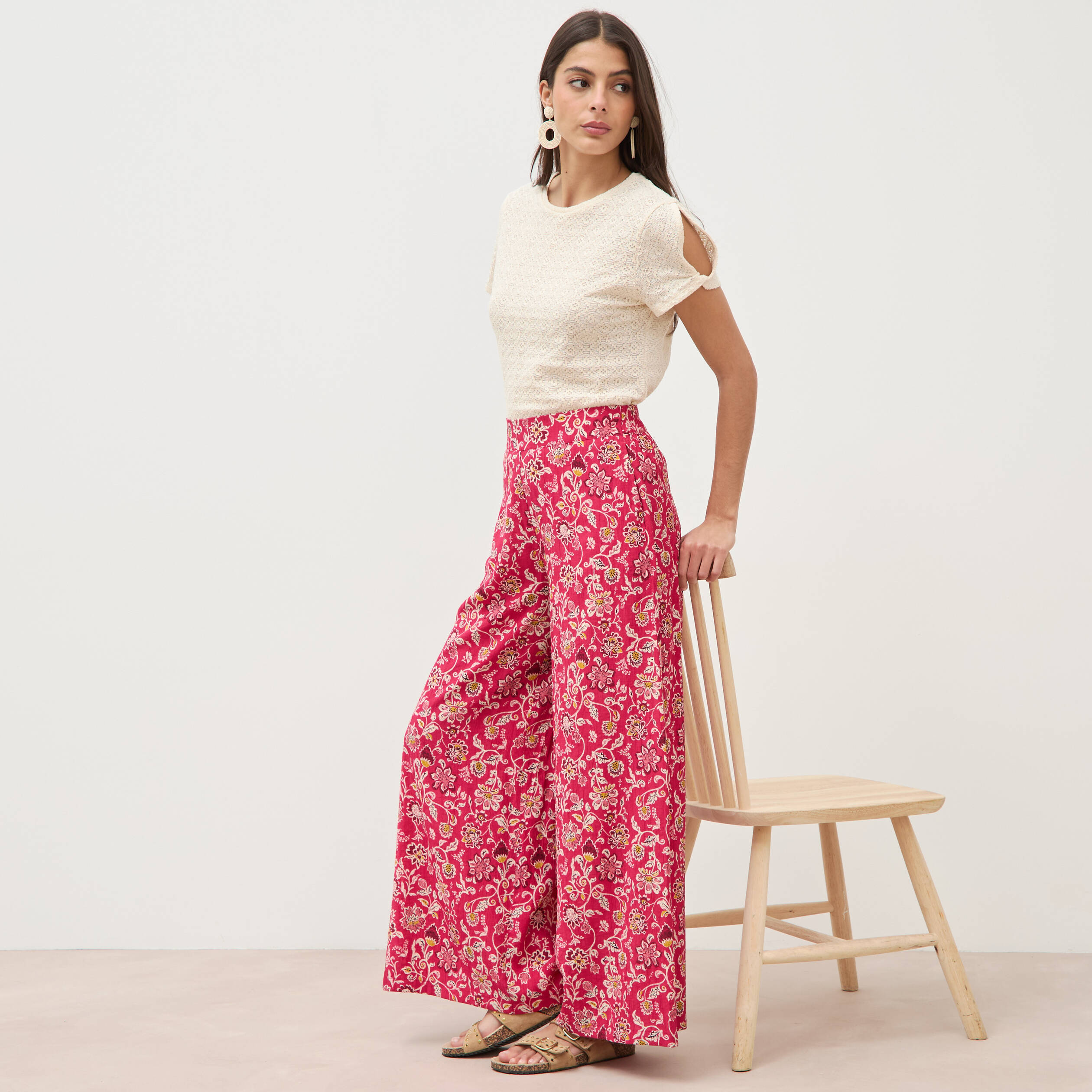 Pantalon large taille haute rouge cerise femme