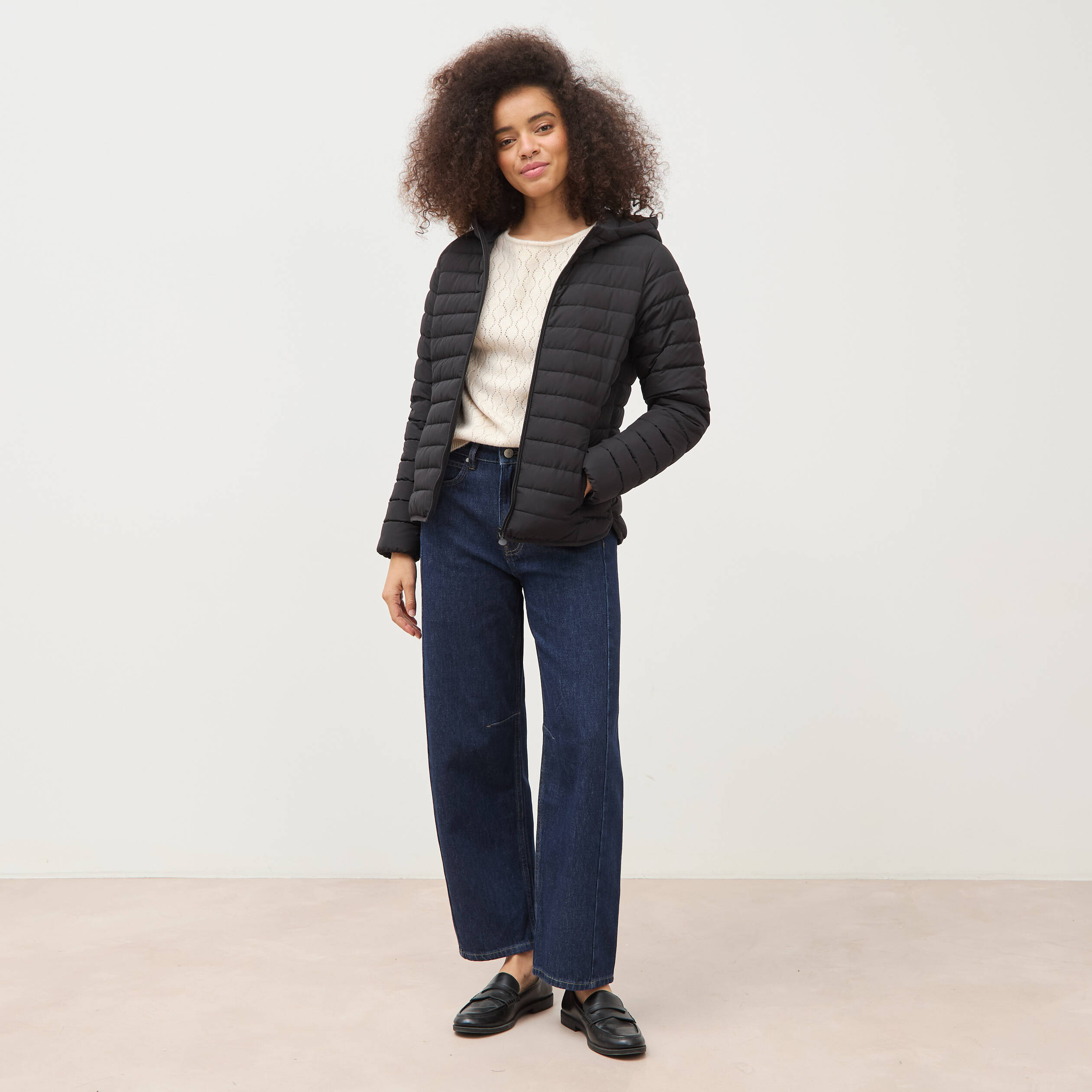 Pull oversize col v manches longues creme femme