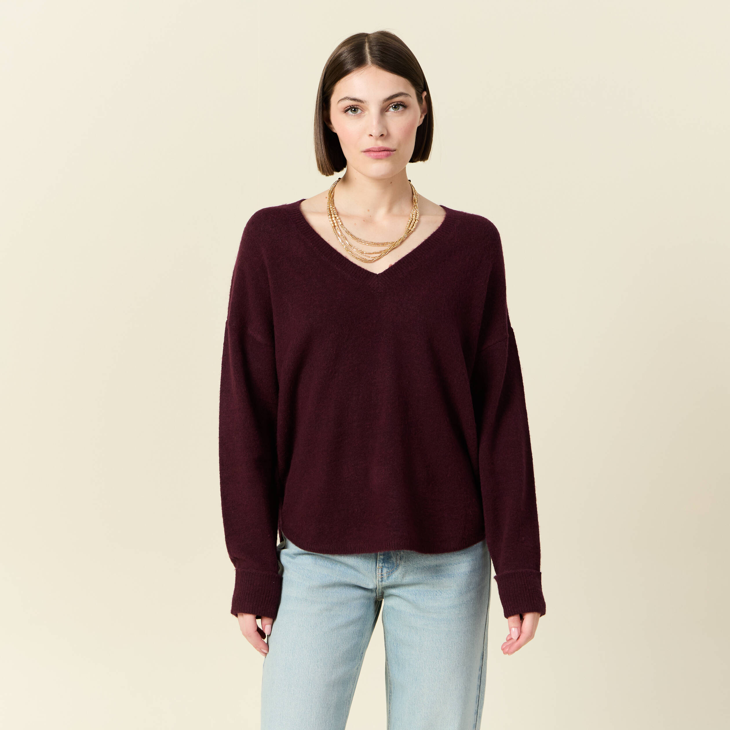 pull manches longues col en v prune femme Pull manches longues col en V prune femme