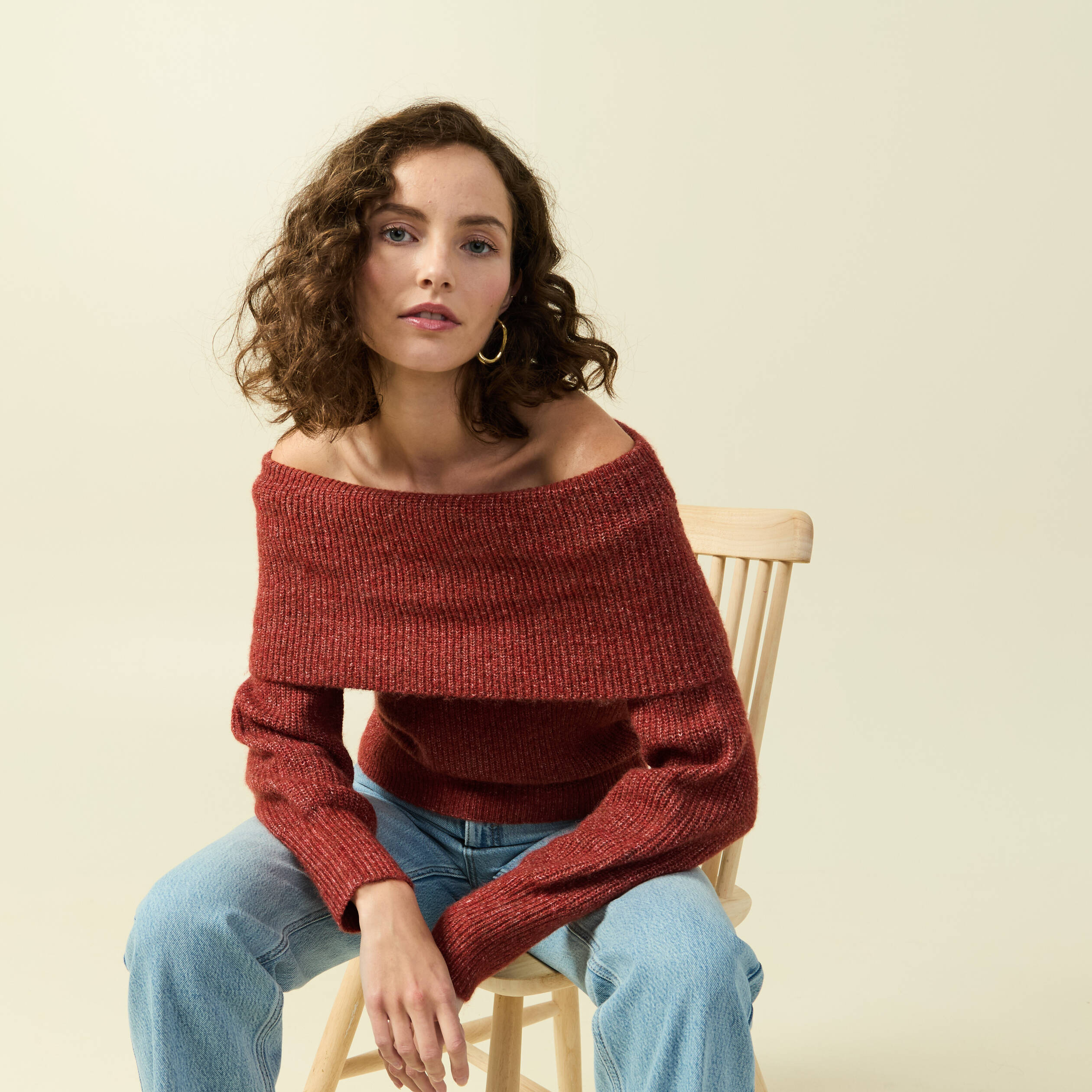 Pull manches longues col bardot vieux rose femme Bonobo