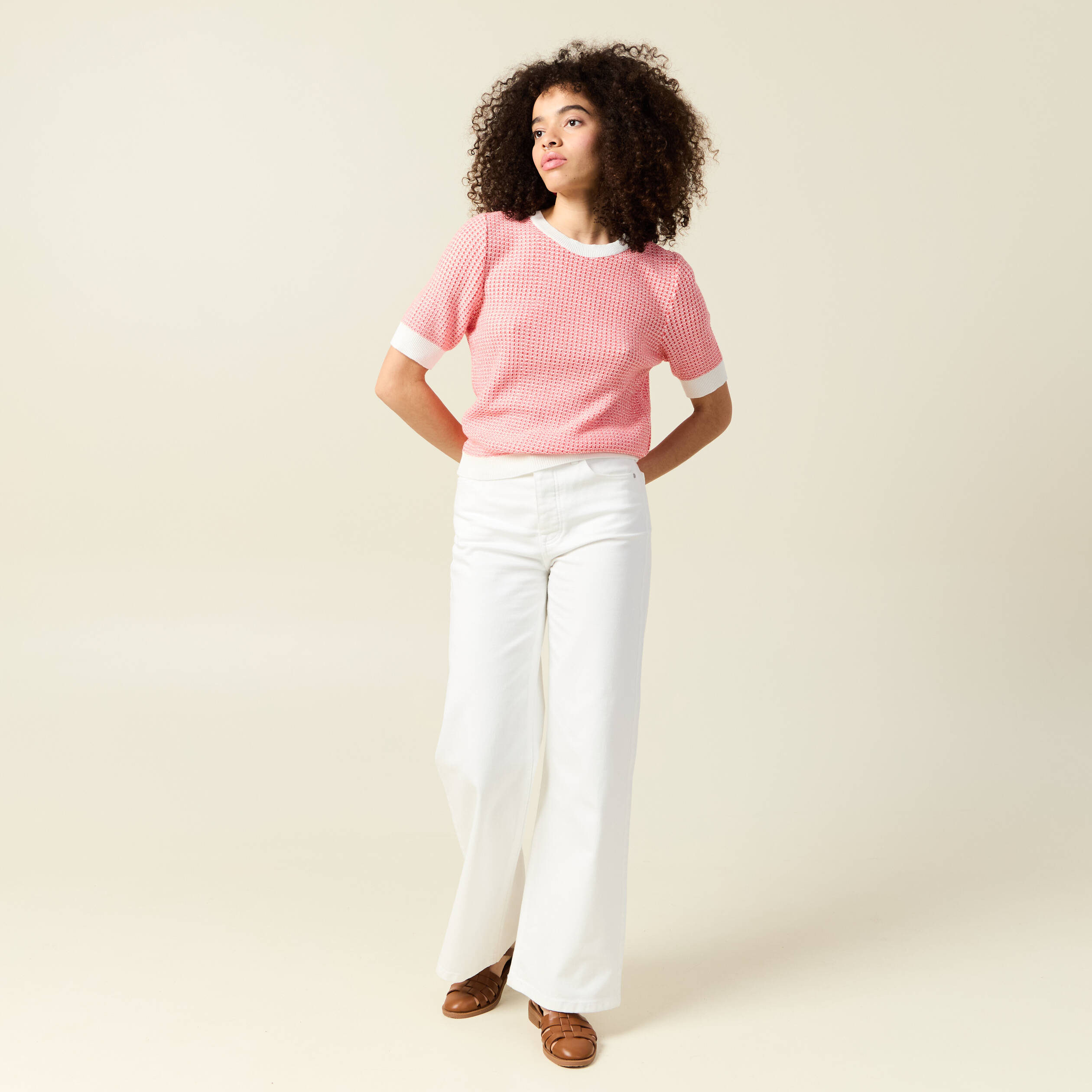 pull droit court manches courtes ecru femme Pull droit court manches courtes ecru femme