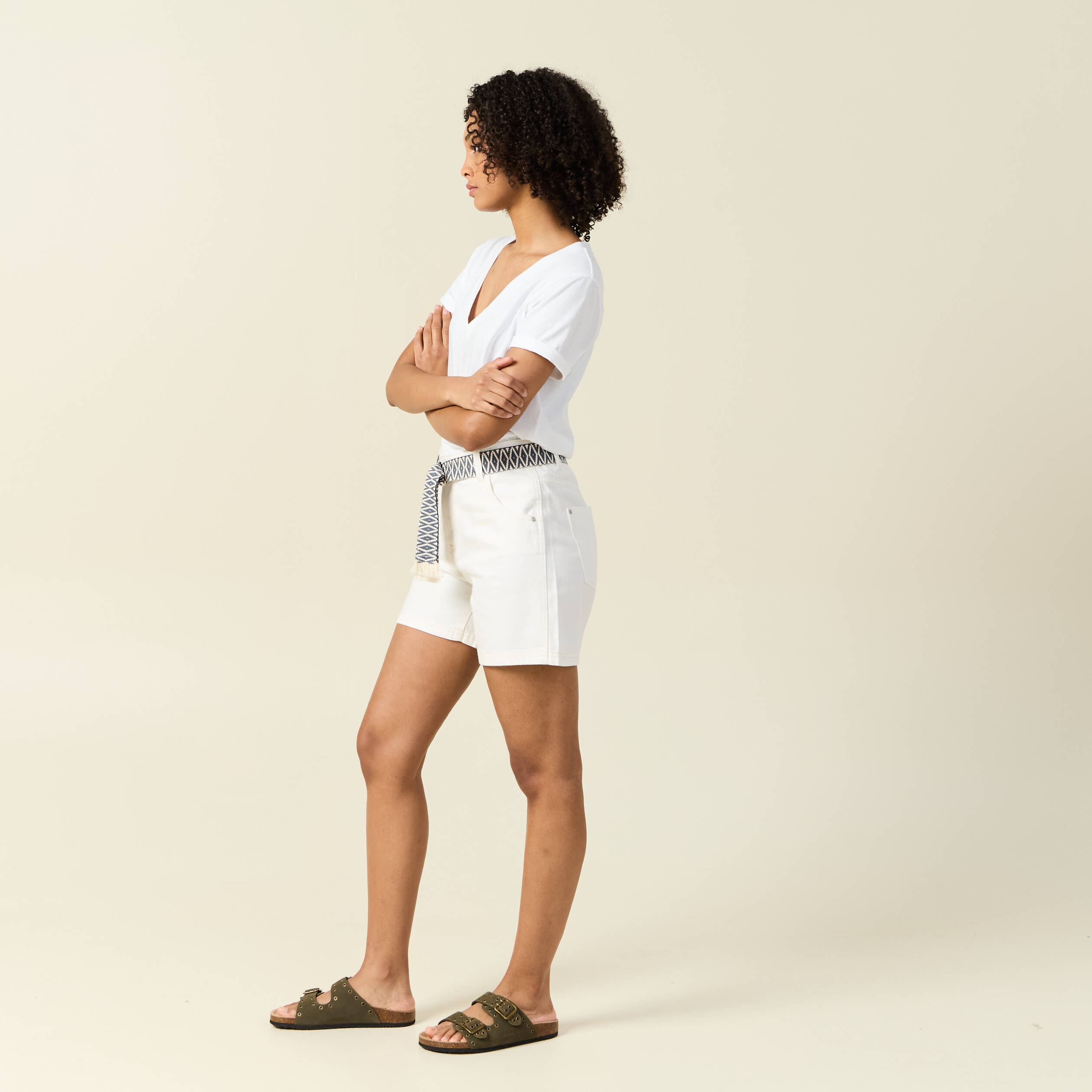 short boyfriend ceinture jean denim blanc femme Short boyfriend ceinturé jean denim blanc femme
