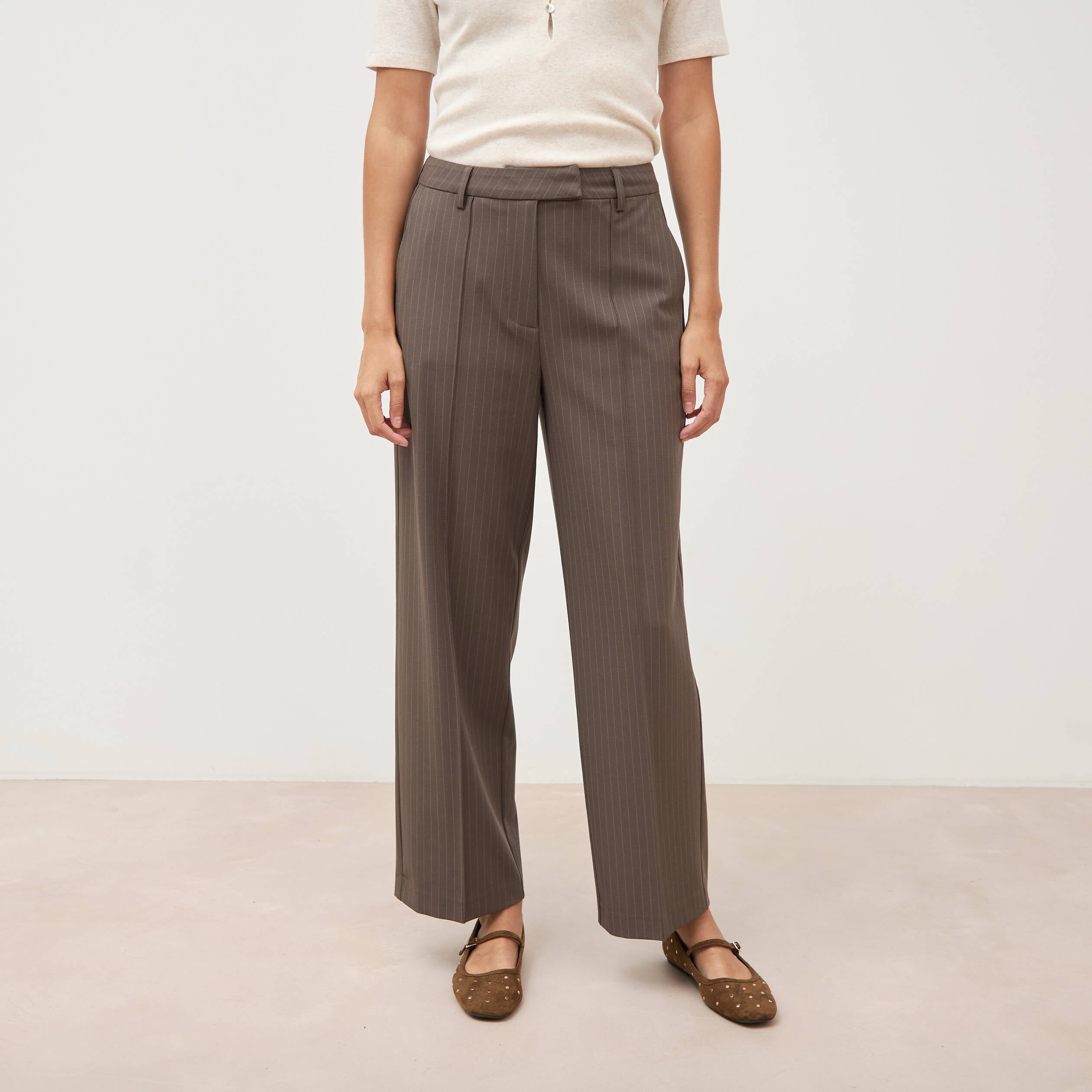 Pantalon droit taille haute taupe femme