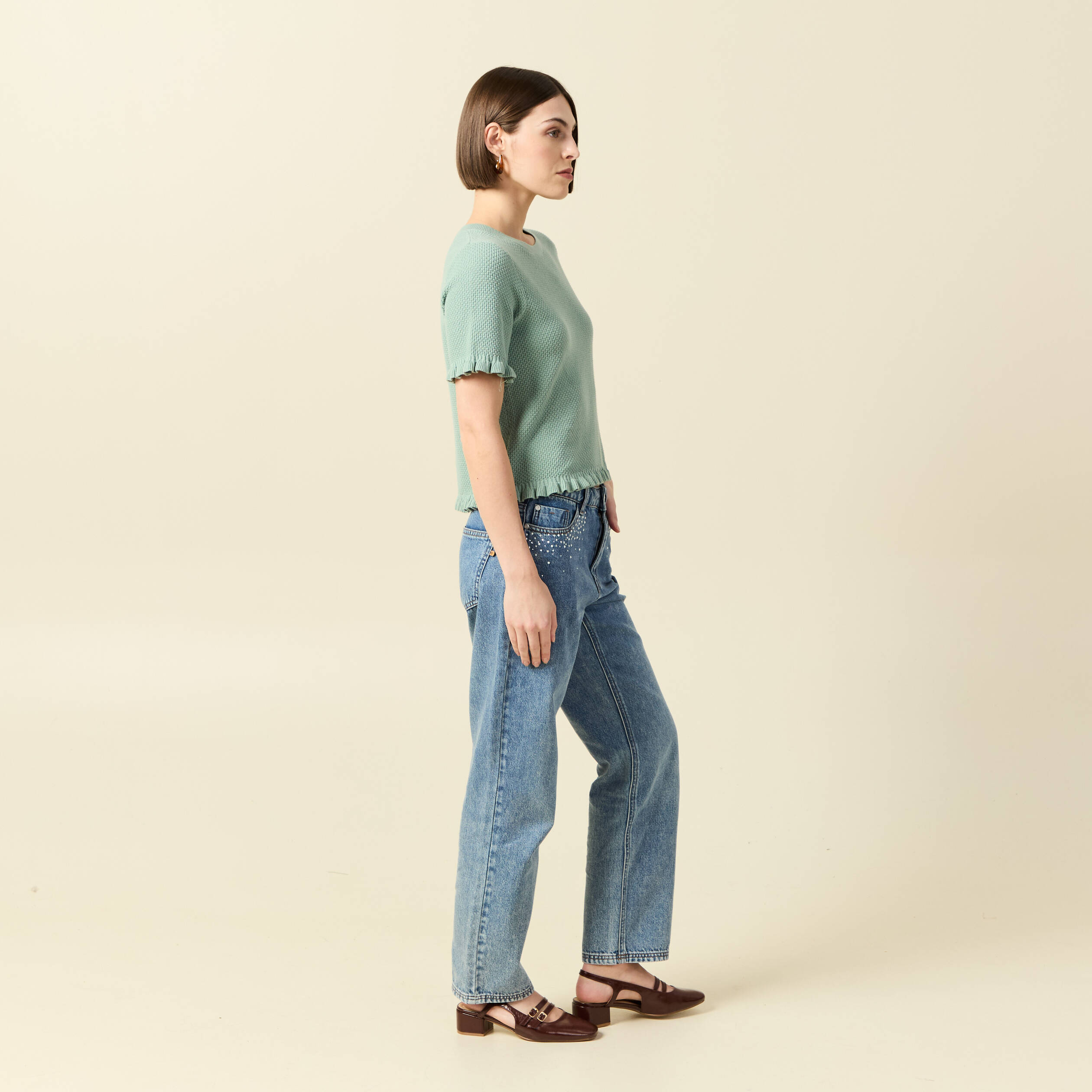 Pull droit court en coton vert pastel femme