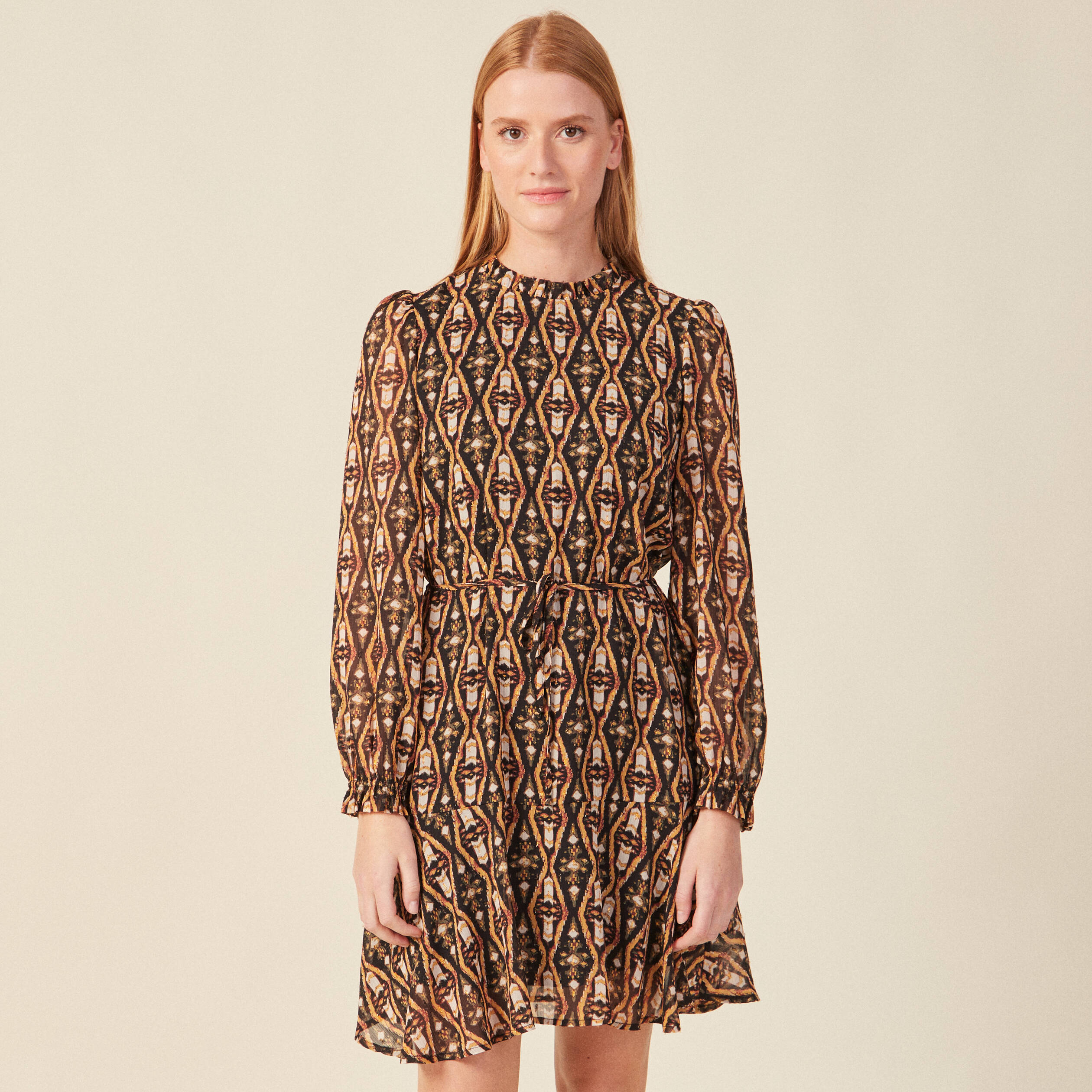 Robe trapèze col montant camel femme