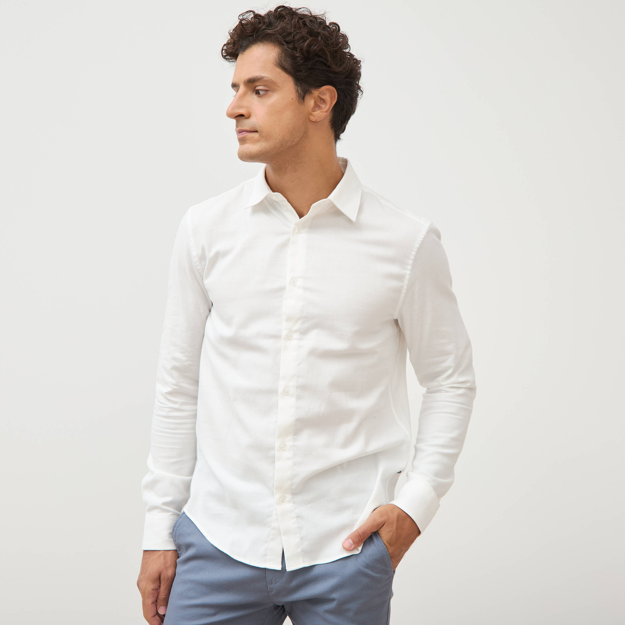 Chemise droite en coton manches longues ecru homme