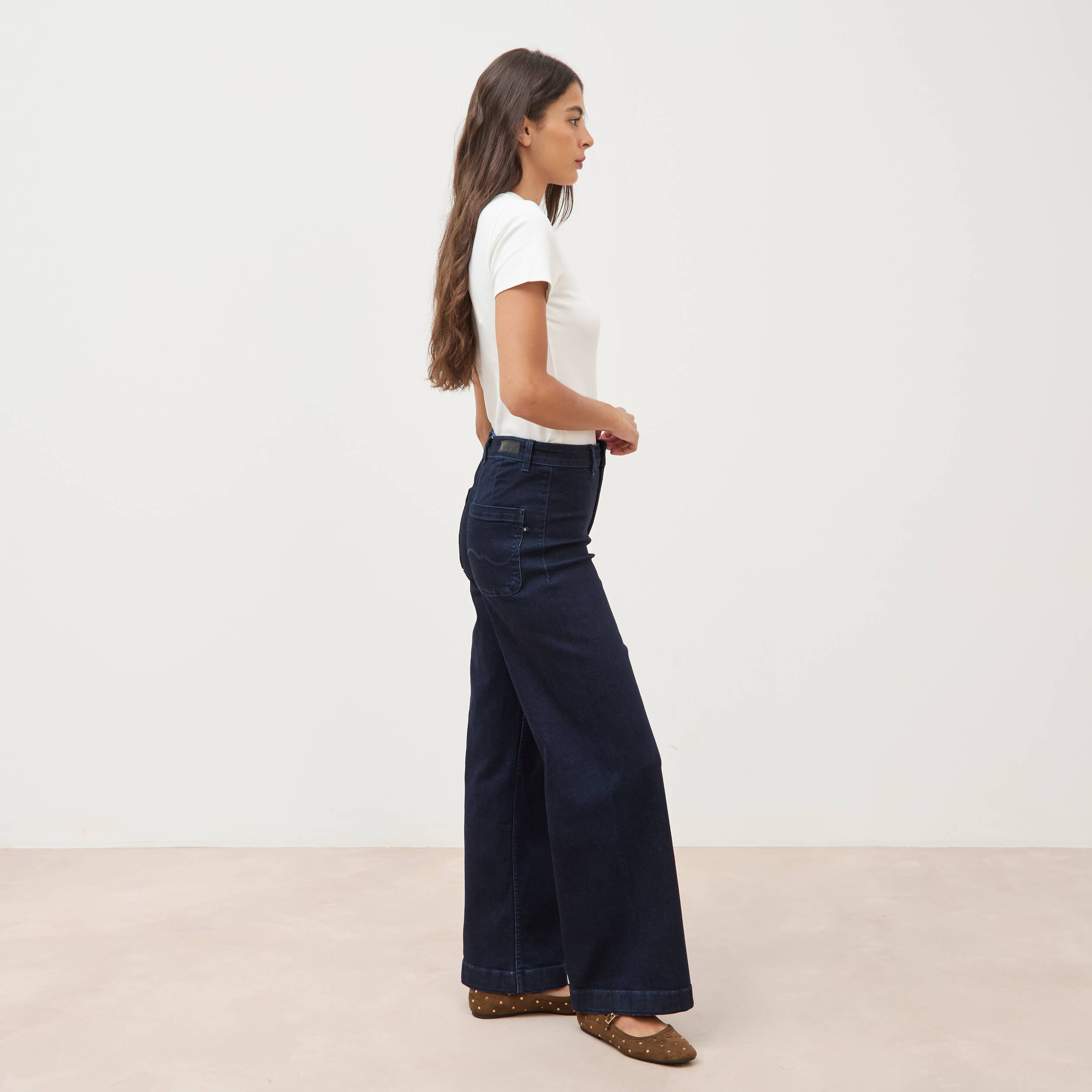 Jeans large taille haute denim brut rinse femme