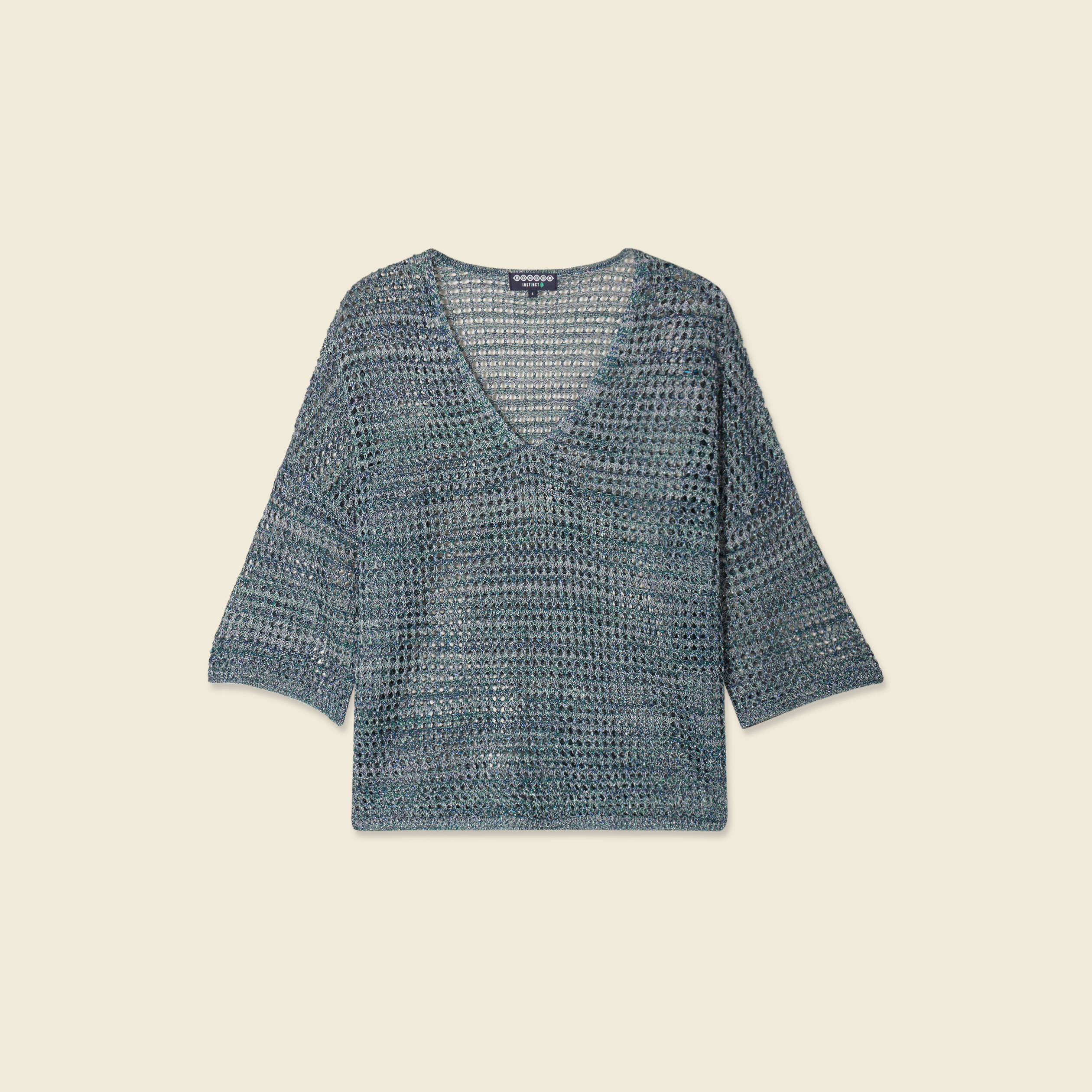 Pull manches courtes ajour&eacute; bleu clair femme