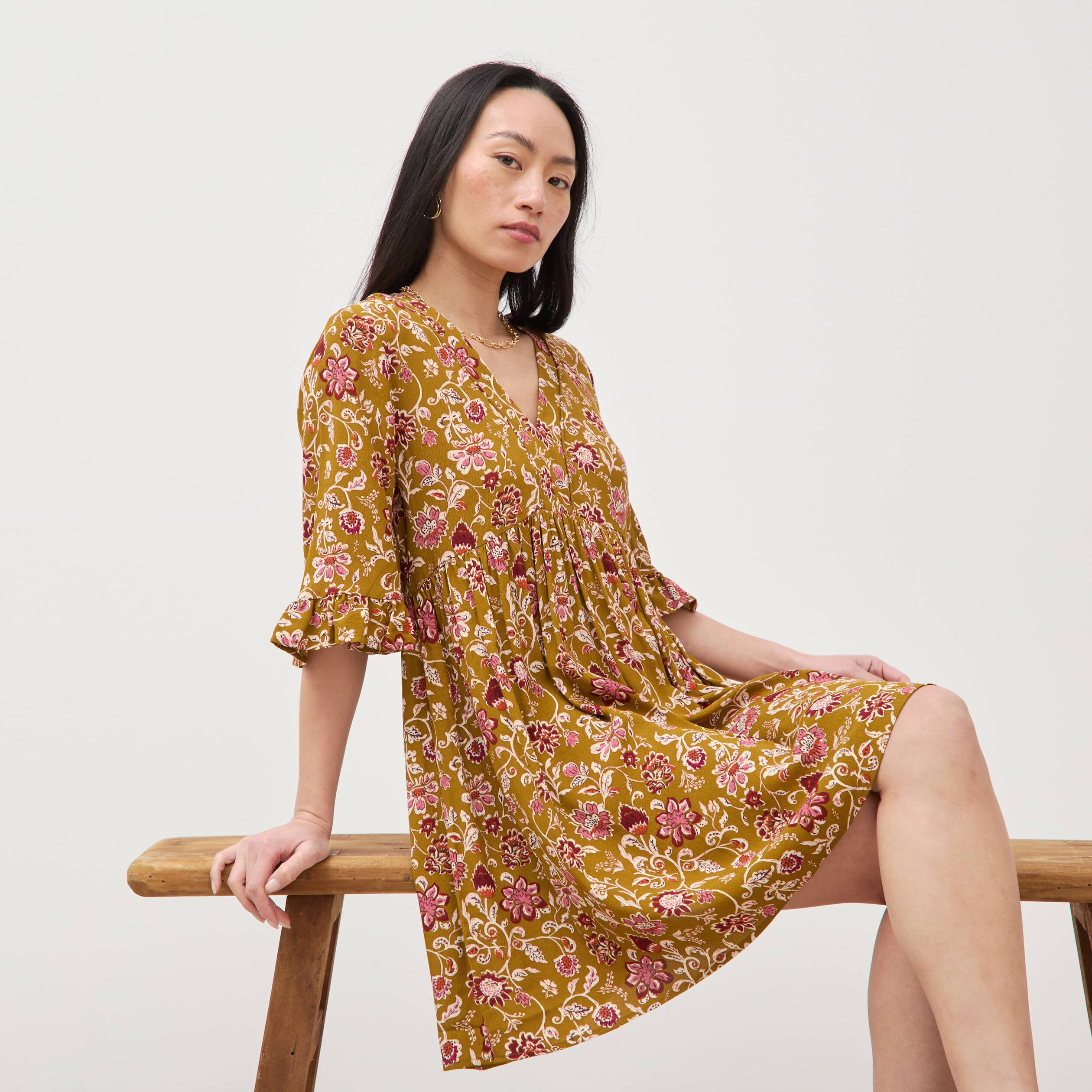 Robe col v manches au coude vert olive femme